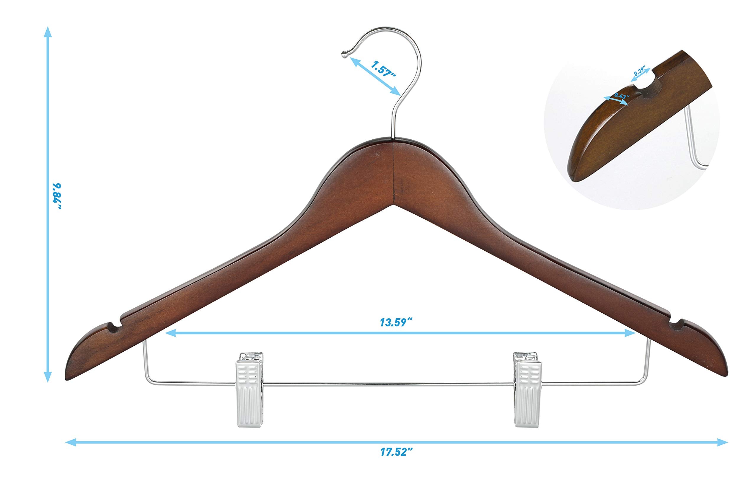 TOPIA HANGER Wooden Suit Hangers with Adjustable Metal Clips (10 Pack), Solid Wood Clothes Hangers, 360° Swivel Hook, Premium Retro Finish Pants Hangers for Clothes Coat, Jeans, Blouse-CT28A