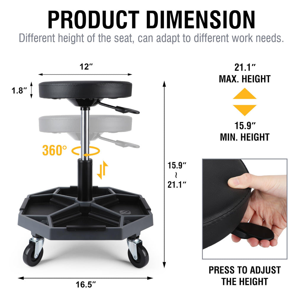 Olympia Tools Adjustable Hydraulic Rolling Mechanics Stool with with Removable Tool Tray, 300lbs Max Weight Capacity, 419-110-1002