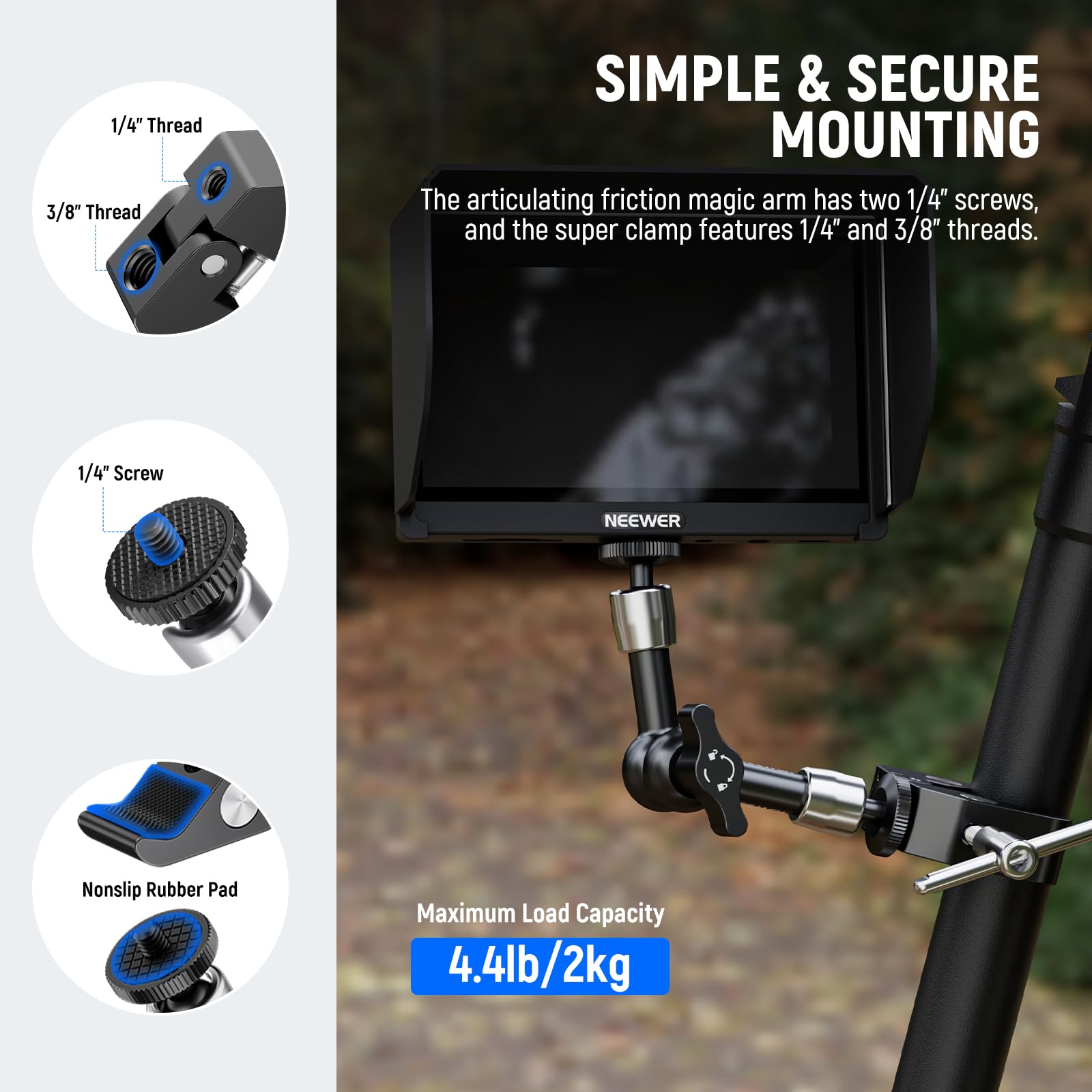 NEEWER 5.9"/15cm Adjustable Friction Magic Arm with 1/4" Screw on Both Ends, Compatible with SmallRig Cage, Flash/LED Light/Microphone/Monitor/SuperClip, Max Load 4.4lb/2kg, ST15