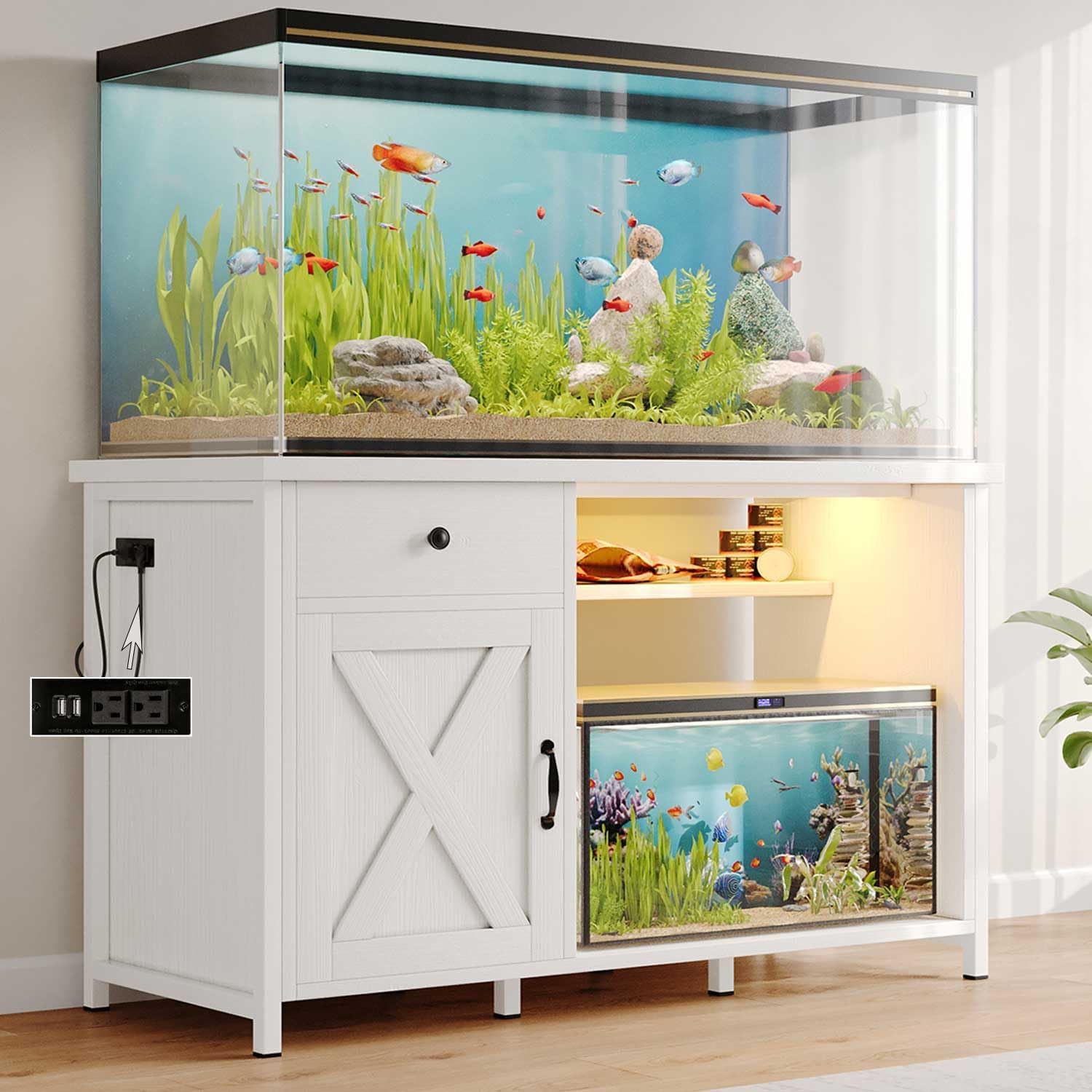 4ever2buy 55-75 Gallon Fish Tank Stand with Power Outlets, LED Light, Heavy Duty Aquarium Stand with Cabinet for Fish Tank Accessories Storage, for Turtle Tank, Reptile Terrarium, 1100LBS, Black