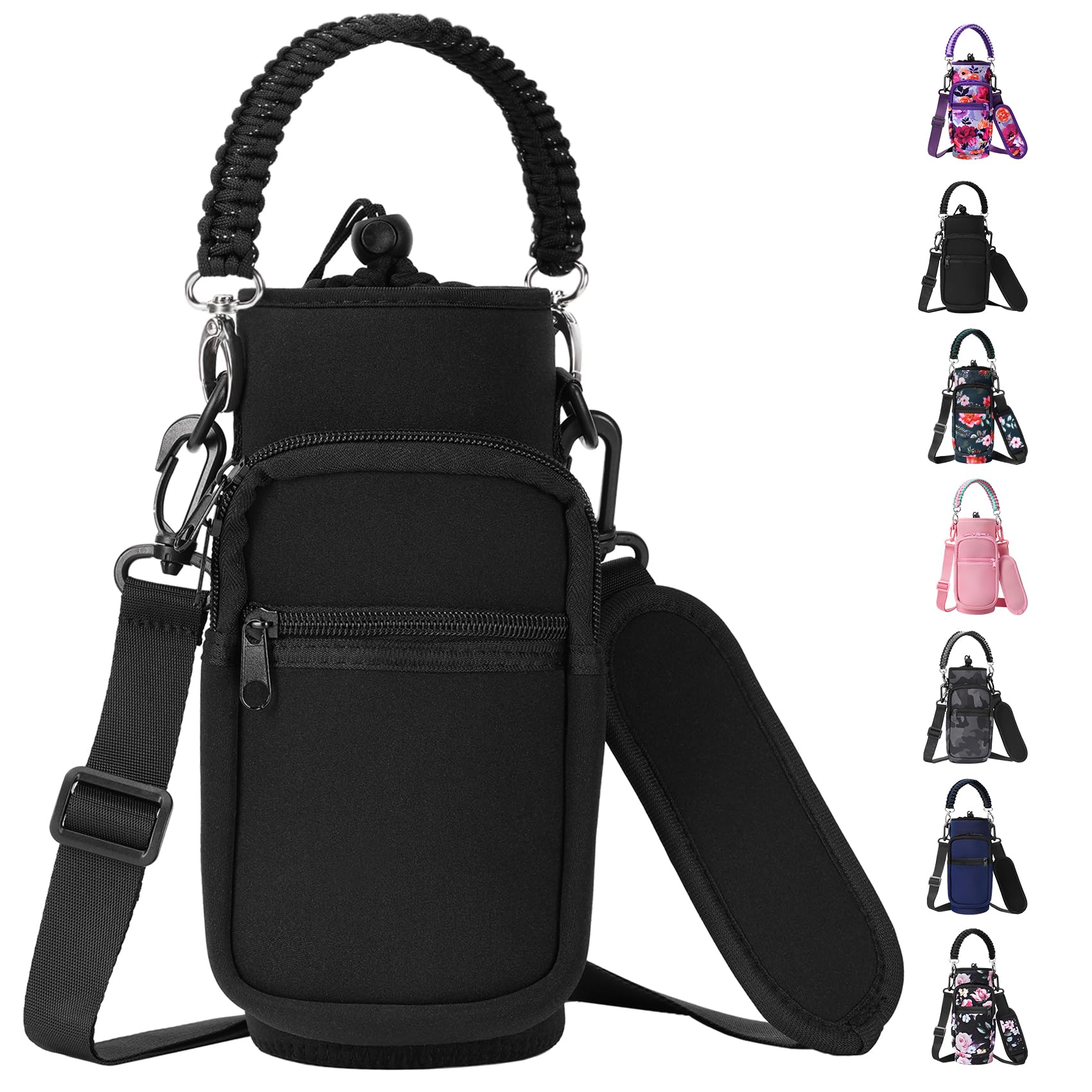 AceTreker 32/40/64/128 oz Neoprene Insulated Water Bottle Carrier Bag, Sling Bag Sleeve Pouch Holder with Strap & Paracord Handle and 2 Pocket for Travelling, Hiking, Camping