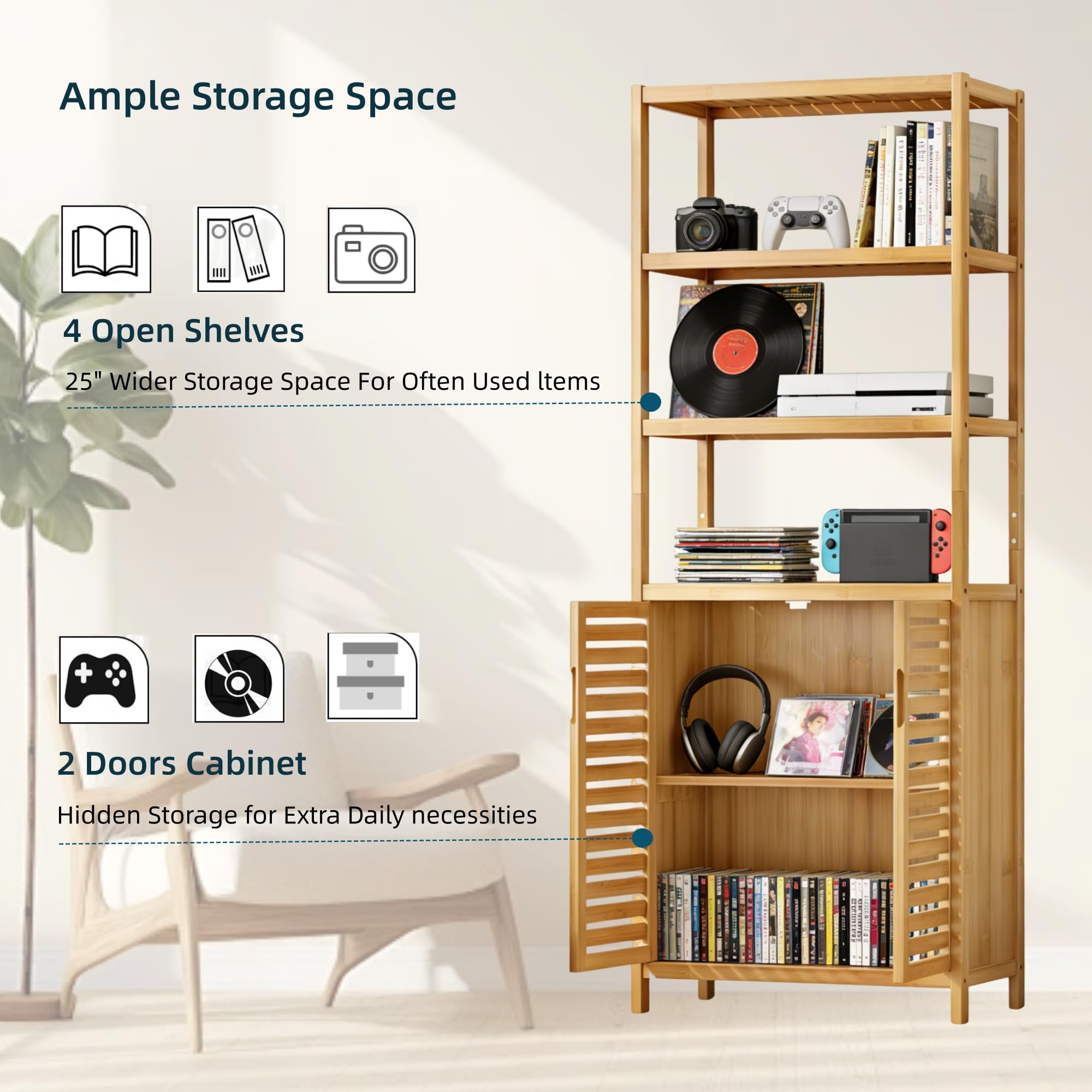 HIFIT Tall Bathroom Storage Cabinet, 66" Bamboo Narrow Bathroom Floor Cabinet with 2 Door & 4-Tier Open Shelves, Corner Tall Cabinets Freestanding Organizer Unit for Bath, Living Room, Entryway,Nature