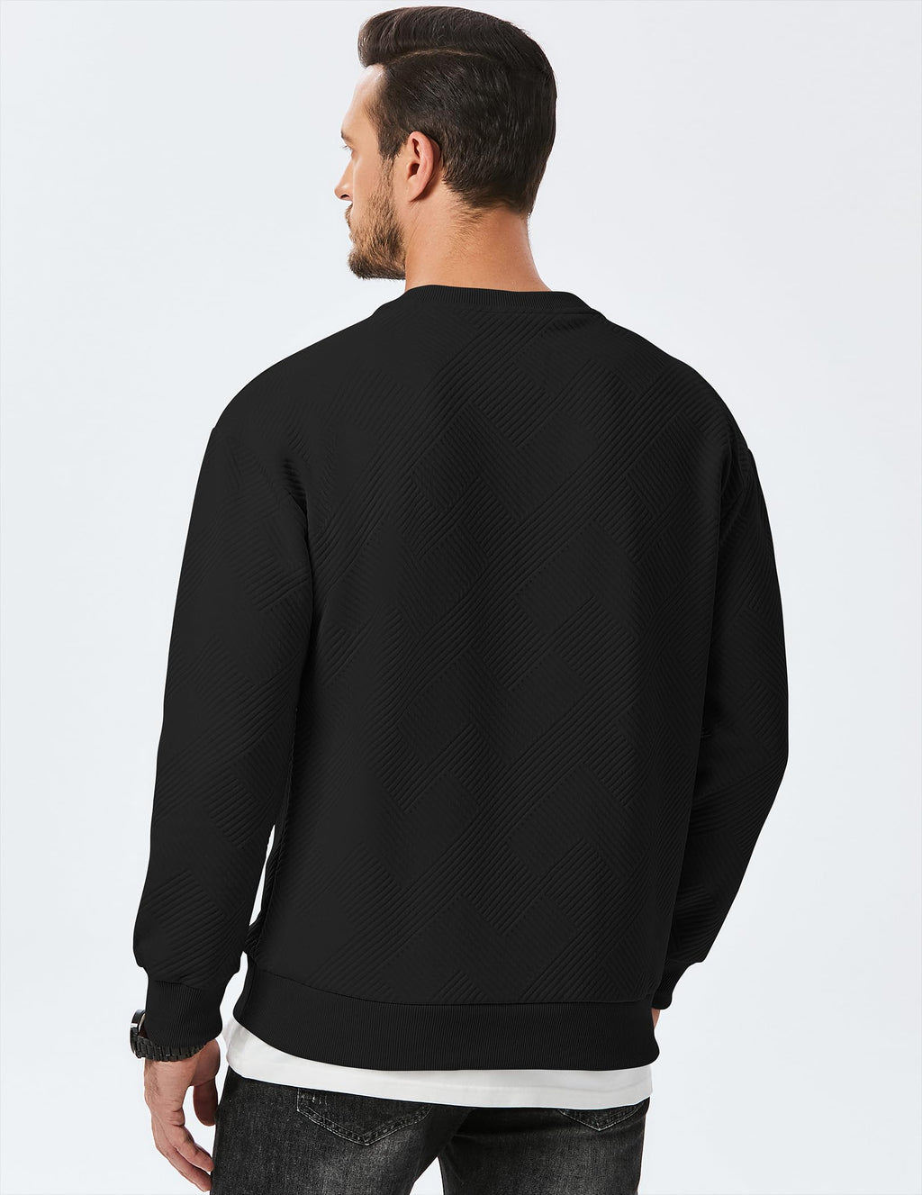 Dokotoo Men Men's Crewneck Sweatshirts Soild Color Geometric Texture Long Sleeve Casual Pullover Shirt