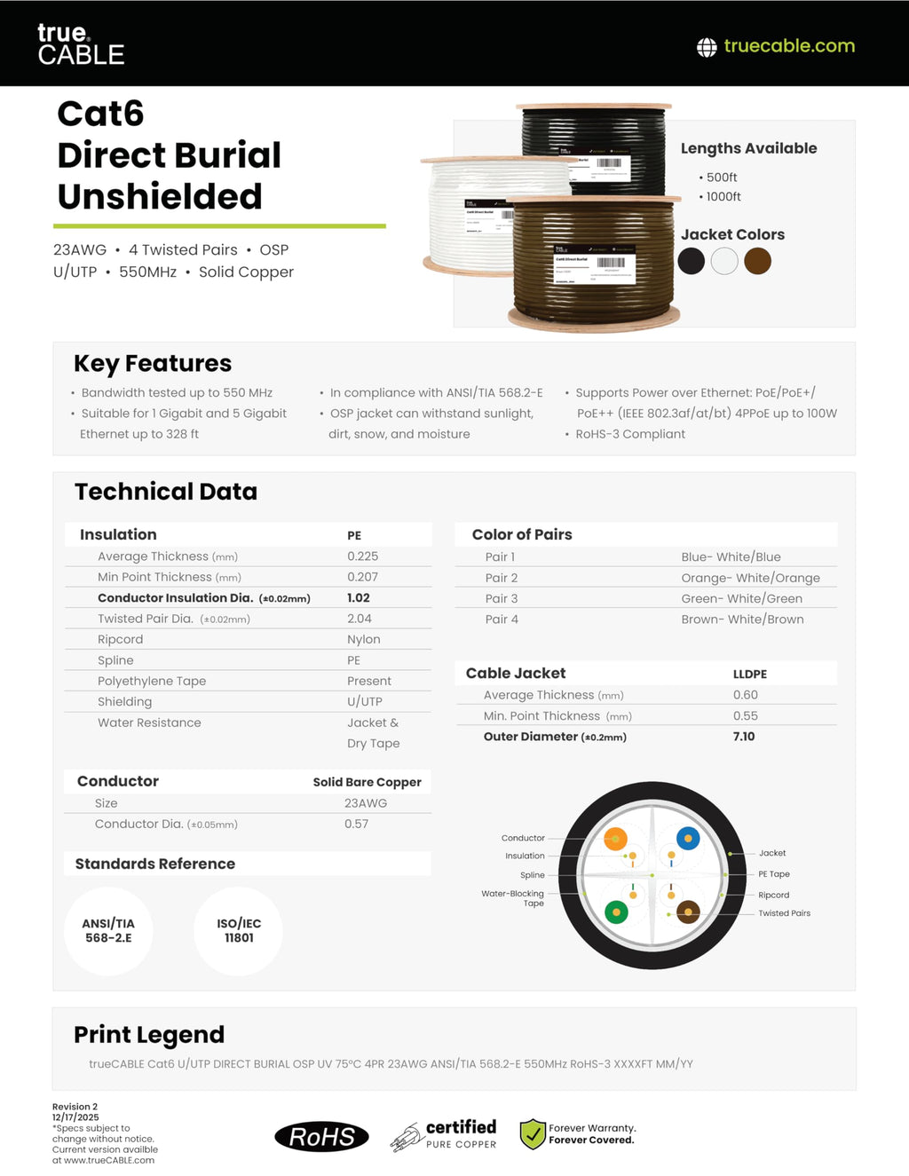 TRUE CABLE Cat6 Direct Burial Outdoor Bulk Ethernet Cable, Shielded F/UTP, 500ft, Brown, 23AWG Solid Bare Copper, Heavy Duty Outdoor, OSP Jacket, Waterproof, UV, 550MHz, PoE++ 100W (4PPoE)