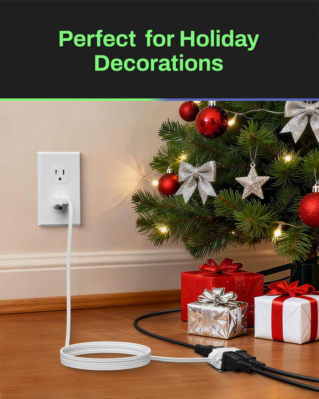 BN-LINK 6ft Indoor Extension Cord, 2 Pack, 3-Outlet Polarized Flat Cable, Household Power Cord for Home, Office, and Holiday Decorations, Black