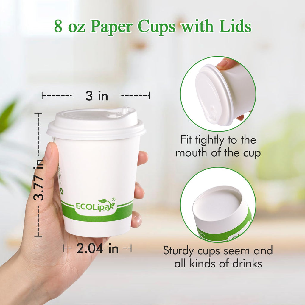 ECOLipak 100 Count 12 oz Compostable Paper Coffee Cups, Biodegradable Disposable Coffee Cups with CPLA Lid, Eco-friendly Hot Drinking Cups for Party, Picnic, Travel, and Events