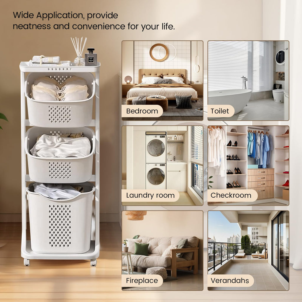 BAOKALER Rolling Laundry Hamper Cart with Wheels, 3 Tier White Laundry Baskets, Clothes Hamper with Portable Storage Baskets for Kitchens, Bathrooms, Bedrooms, Classrooms, Laundry Rooms(75L)
