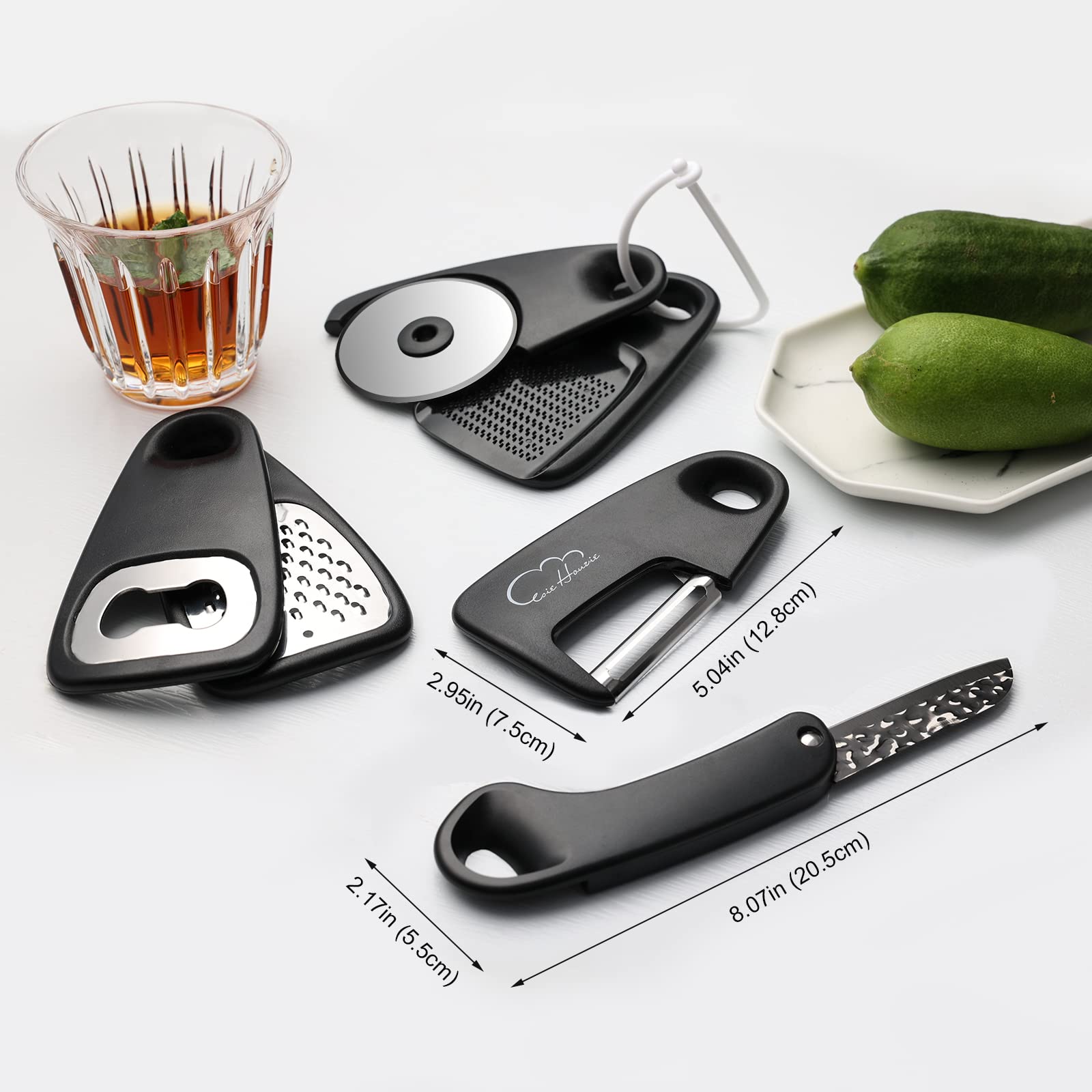 5 Pieces Kitchen Gadgets Set - Space Saving Cooking Tools Accessories Cheese Chocolate Grater, Fruit Vegetable Peeler, Bottle Opener, Pizza Cutter, Burlap Bags with Drawstring Gift Set