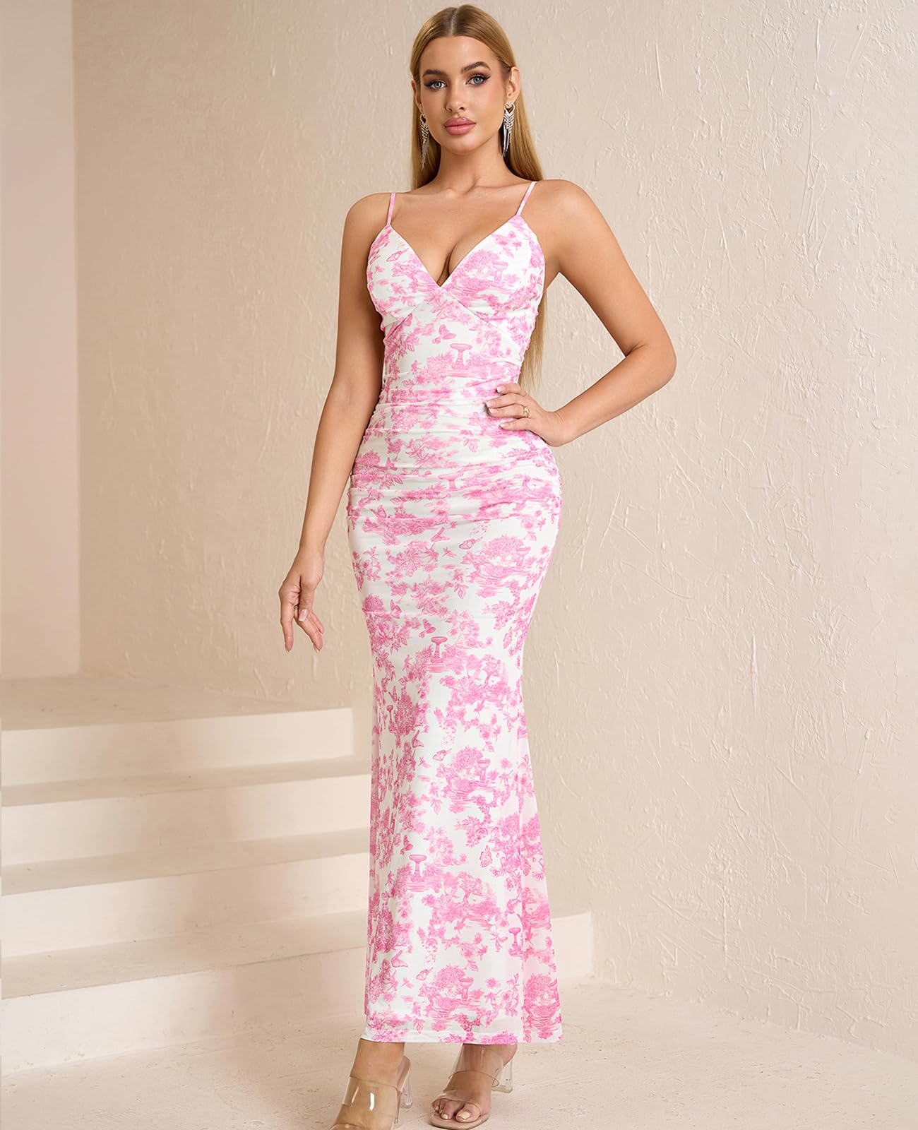 GLNEGE Women's Floral Wedding Guest Formal Maxi Dress Bodycon Spaghetti Strap V Neck Elegant Cocatail Dresses