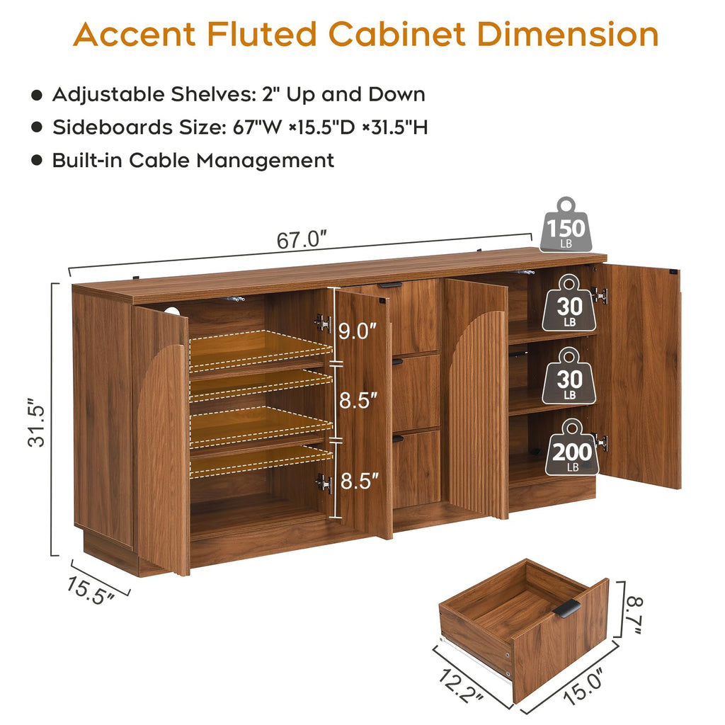Yechen 55" Fluted Sideboard Buffet Cabinet with Storage, Wood Mid Century Modern Credenza Cabinet w/Arched Reeded Doors & Adjustable Shelves for Kitchen, Living Room, Entryway