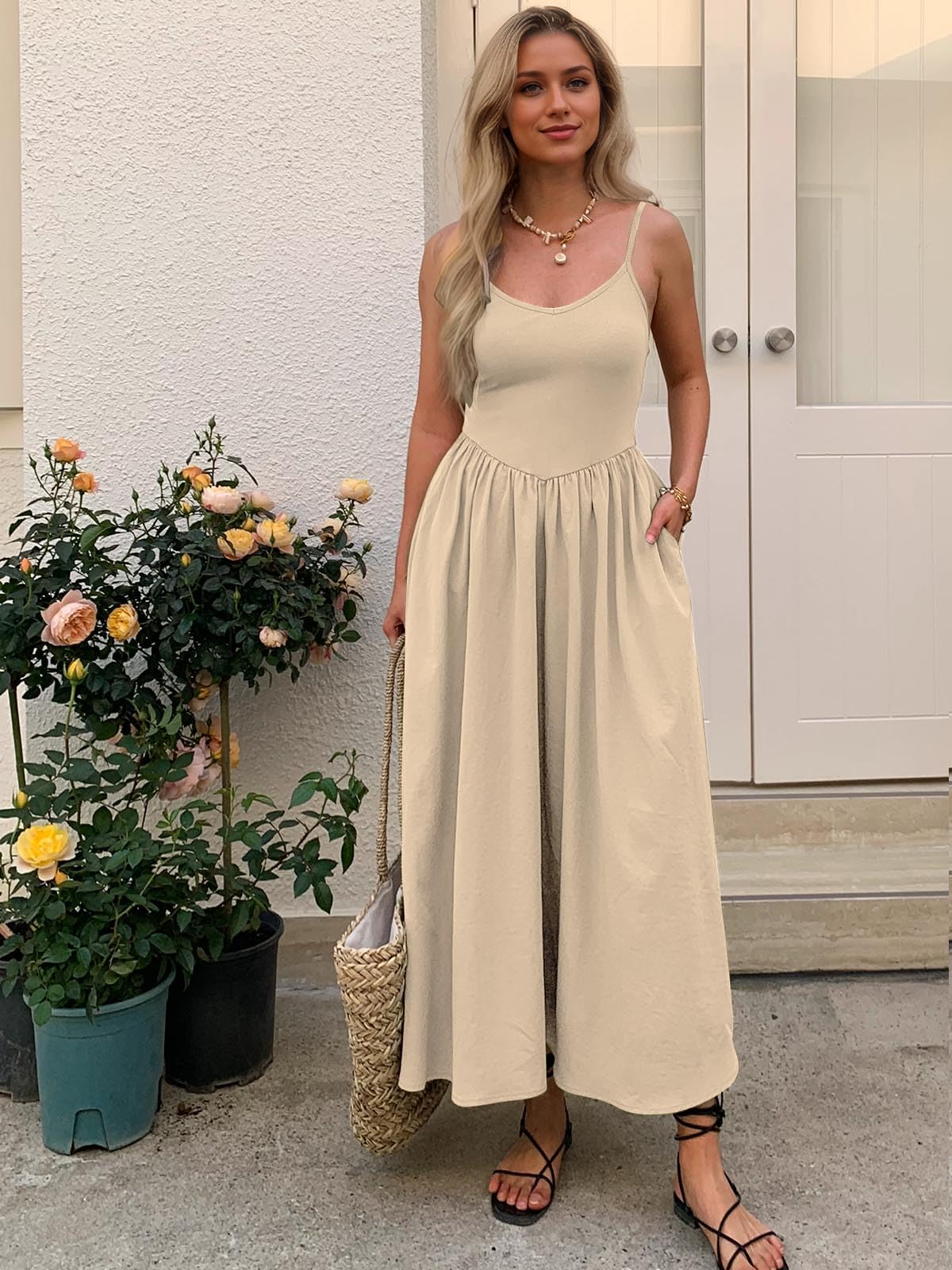 Mieazom Women’s Sleeveless V-Neck Maxi Dress with Pockets – Slim Fit Casual Summer Spaghetti Strap Dress for Vacation