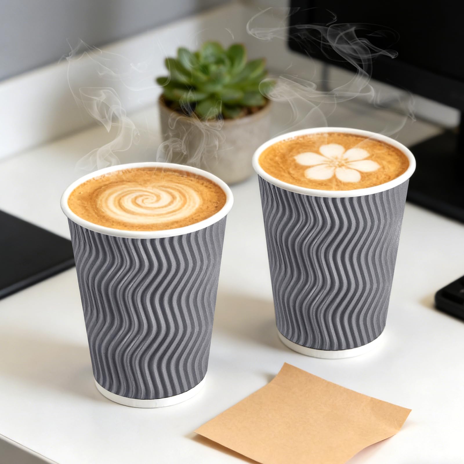 BYSNOW 100 Pack 10 oz Coffee Cups with Lids, Disposable Insulated Hot Cups To Go Paper Coffee Cups, Corrugated Ripple Wall Cup for Hot Drink, Office, Coffee Bar (Grey 10 oz)