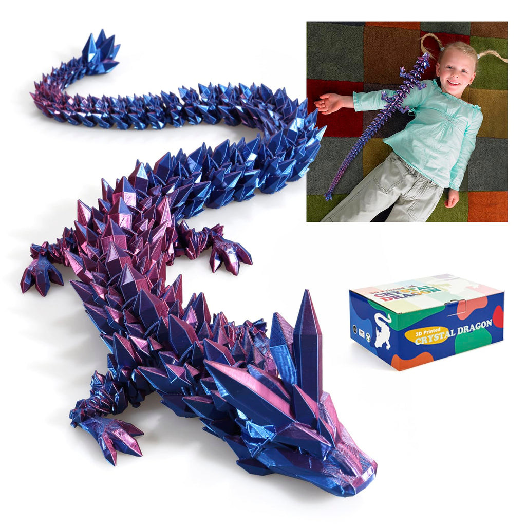 24" Large 3D Printed Dragon - Huge Articulated Crystal Dragon Fidget Toy, Giant Flexible 3D Dragon Figure, Birthday Gift for Boys Girls Kids & Collectors, Home Office Executive Desk Decor