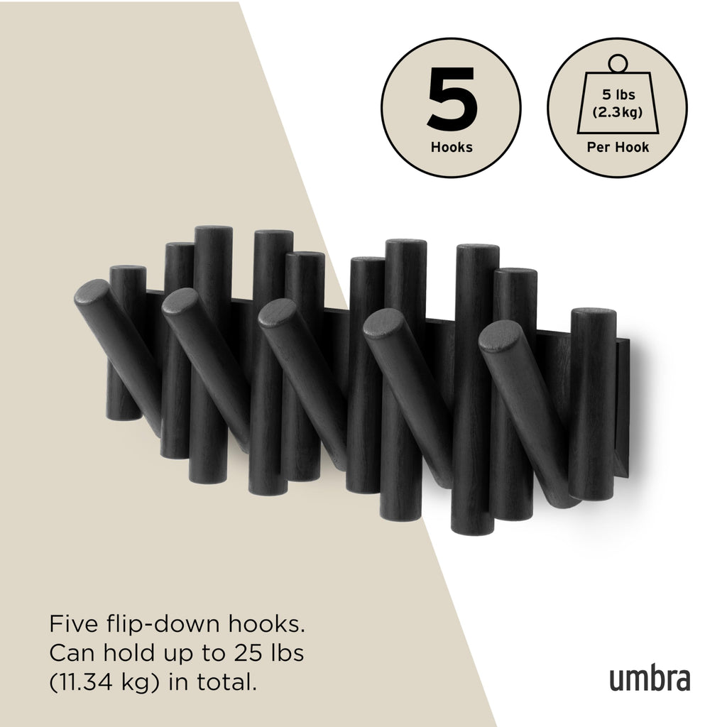 Umbra Picket Wall-Mounted Coat Rack Rail Hook with 5 Retractable Wood Pegs – Modern, Space-Saving Storage Organizer, Black