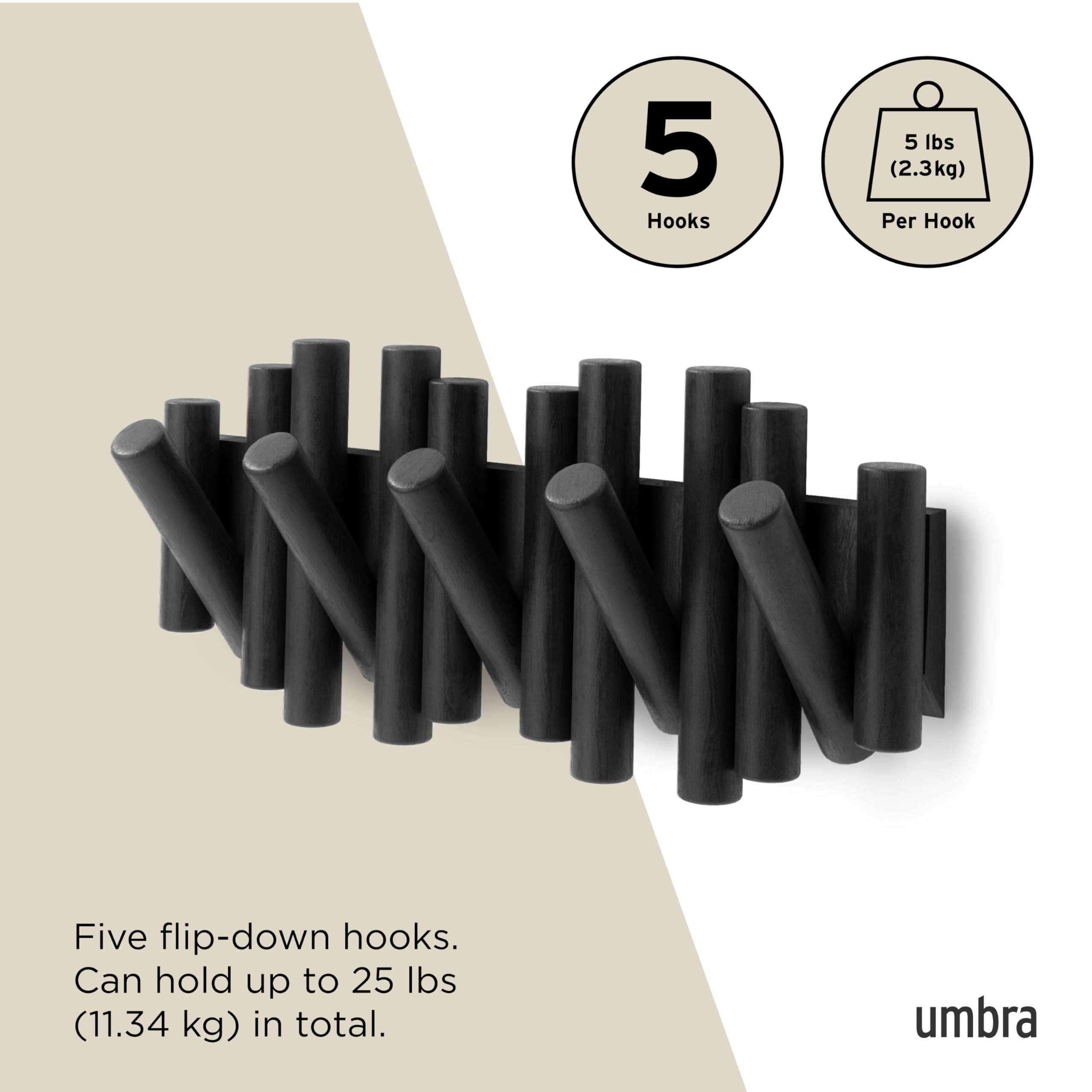 Umbra Picket Wall-Mounted Coat Rack Rail Hook with 5 Retractable Wood Pegs – Modern, Space-Saving Storage Organizer, Black