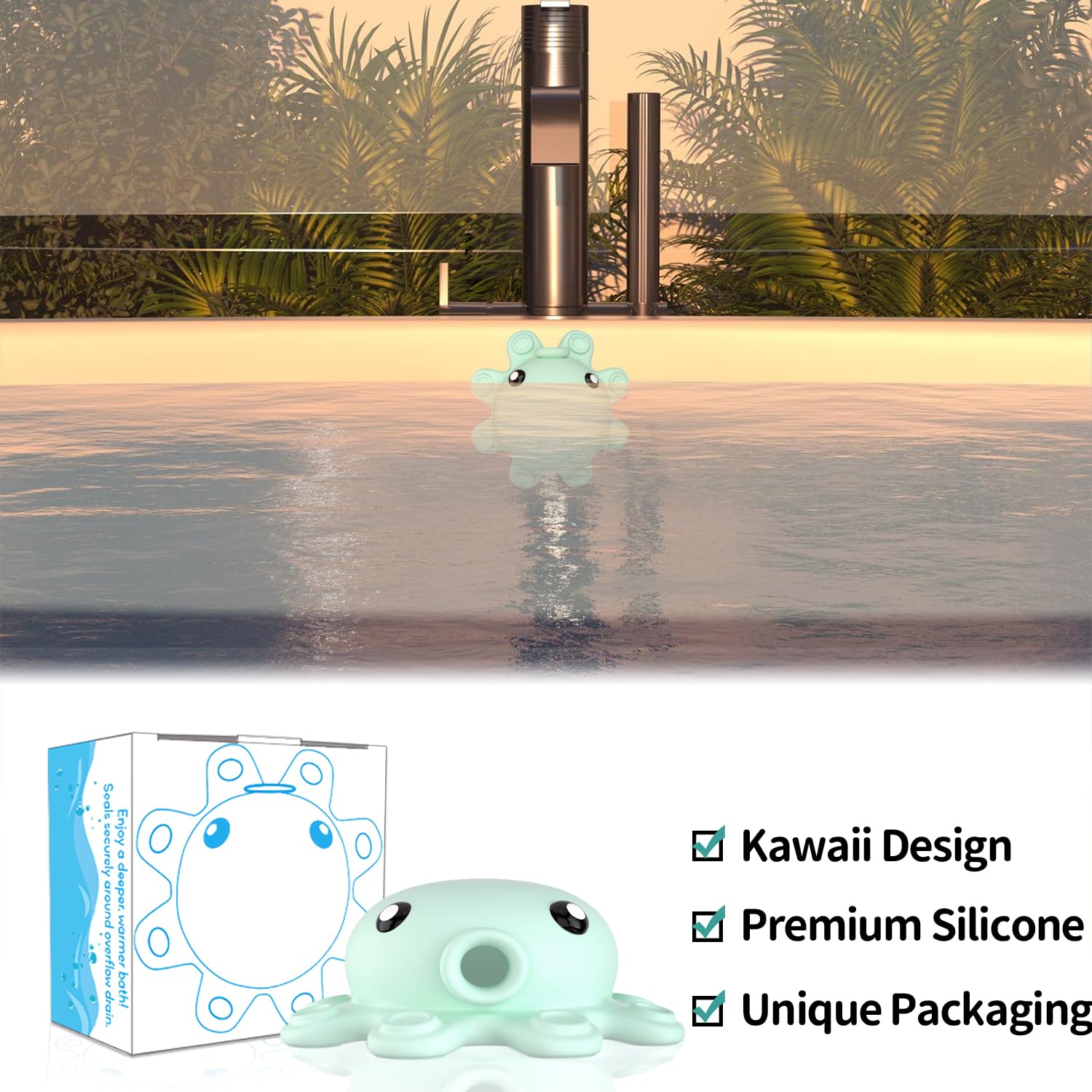 Bathroom Bathtub Overflow Drain Cover- Silicone Bath Tub Drain Cover, Tub Overflow Drain Stopper with Suction Cups, Adds Inches of Water for Deeper Bath, Cute Bathroom Accessories, Baby Blue