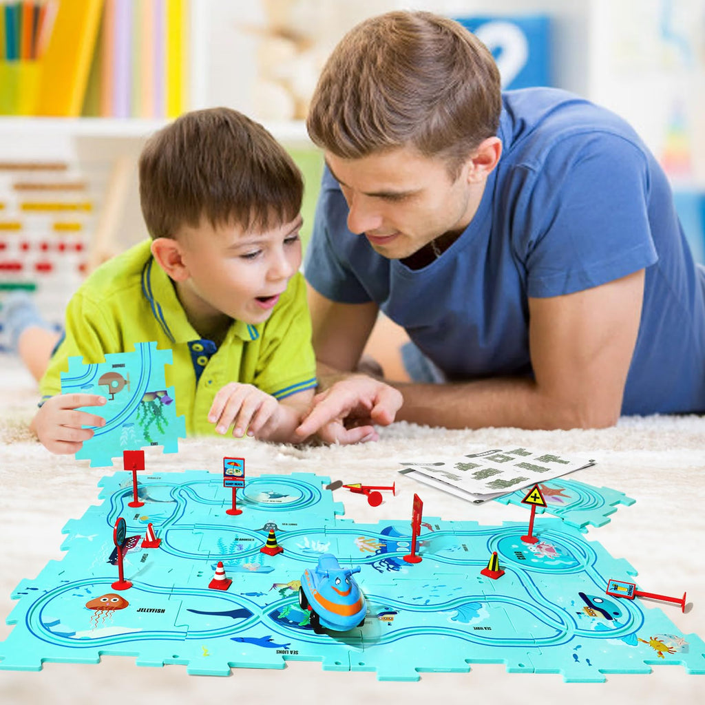 Puzzle Track Car Play Set with 12 Dinosaur Figures, Plastic Railcar Floor Puzzles for Kids Ages 3-5 with Vehicles, Toys Gifts for 3 4 5 6 Year Old Boys