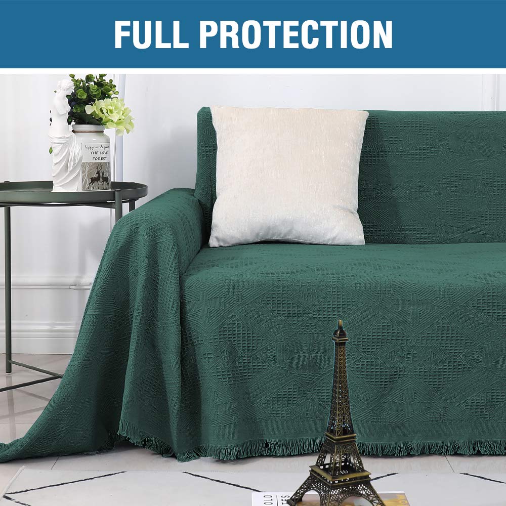 H.VERSAILTEX Cotton Sofa Covers Couch Cover Sofa Slipcover for Most Shape Sofas, Feature Thick Woven Jacquard Seamless with Tassels, Multi-Use Decorative for Couch (Medium: 71" x 91", Green)