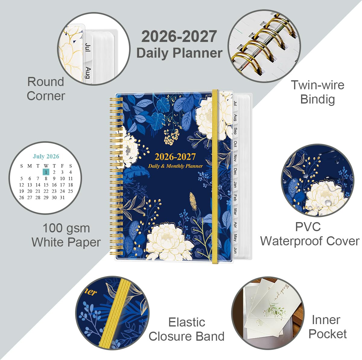 2026-2027 Daily & Monthly Planner - One Page Per Day, Daily Planner from July 2026 to June 2027, Planner 2026-2027 with 12 Monthly Tabs, 6.4" x 8.5", Black