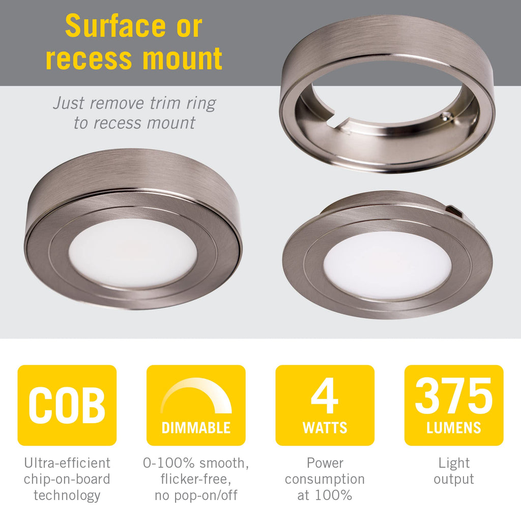 Armacost Lighting PureVue Dimmable Under Cabinet LED Puck Light, 4000K (Bright-White Light), 2.75 Inch, White Finish - 223412