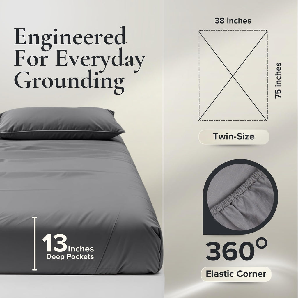 Earthing Grounding Sheets Twin Size(Grey) - 400 Thread Count Soft Earthing Sheets w/Cotton, Silver Fiber - Reinforced Grounding Cord for Conductivity – Ideal Grounding Bed Sheets for Better Sleep