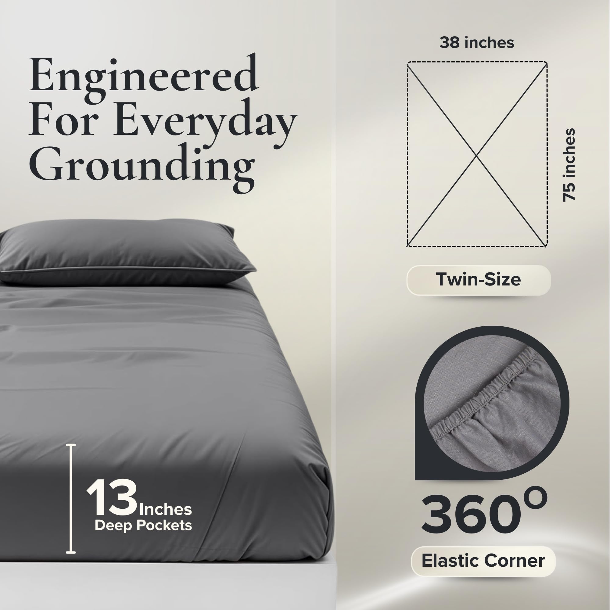 Earthing Grounding Sheets Twin Size(Grey) - 400 Thread Count Soft Earthing Sheets w/Cotton, Silver Fiber - Reinforced Grounding Cord for Conductivity – Ideal Grounding Bed Sheets for Better Sleep