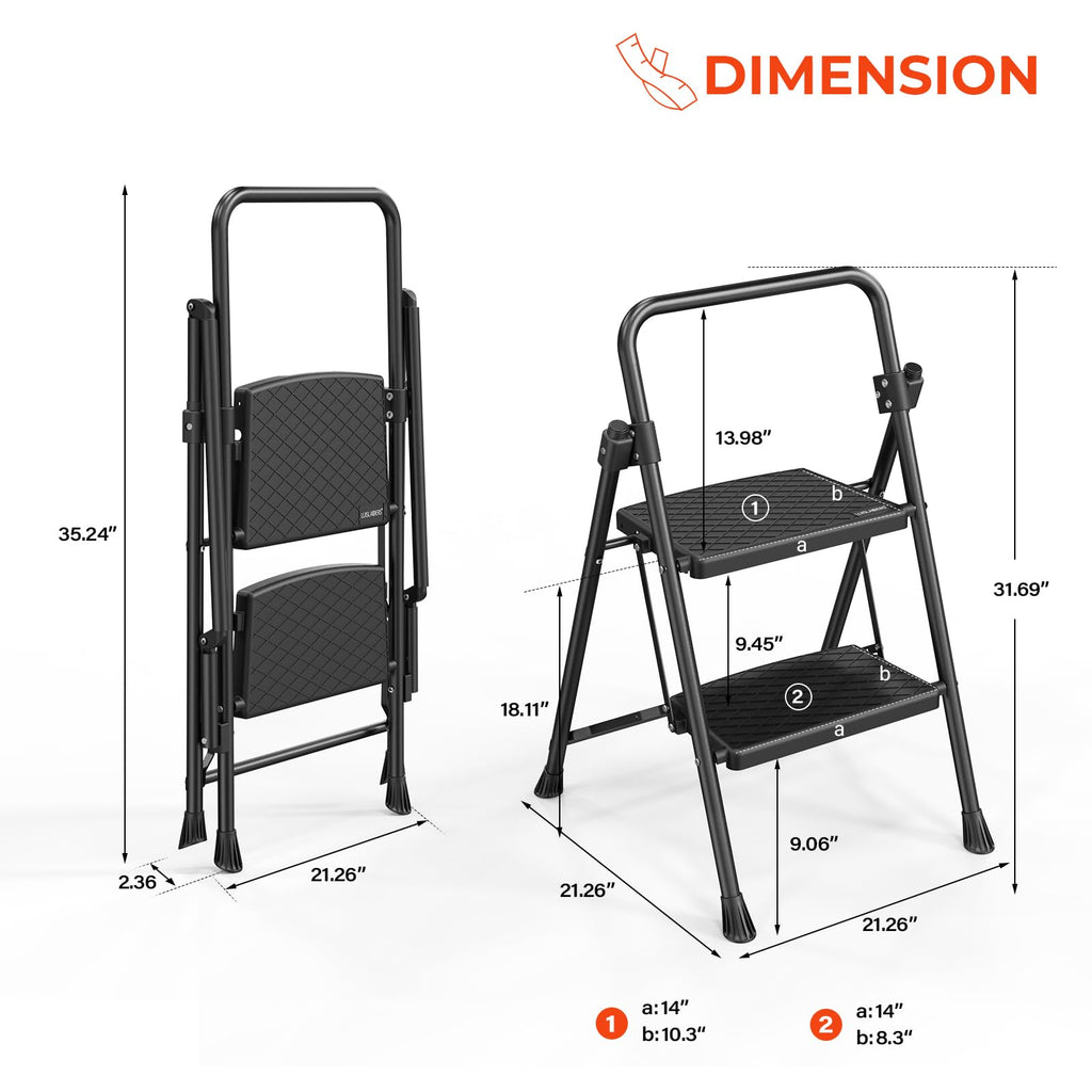 LUISLADDERS 3 Step Ladder with Handrails, Folding Step Stool with Widened Anti-Slip Pedal, 500lbs Lightweight Step Ladder 3 Step Folding, Multi-use for Home Kitchen Pantry Office, Black