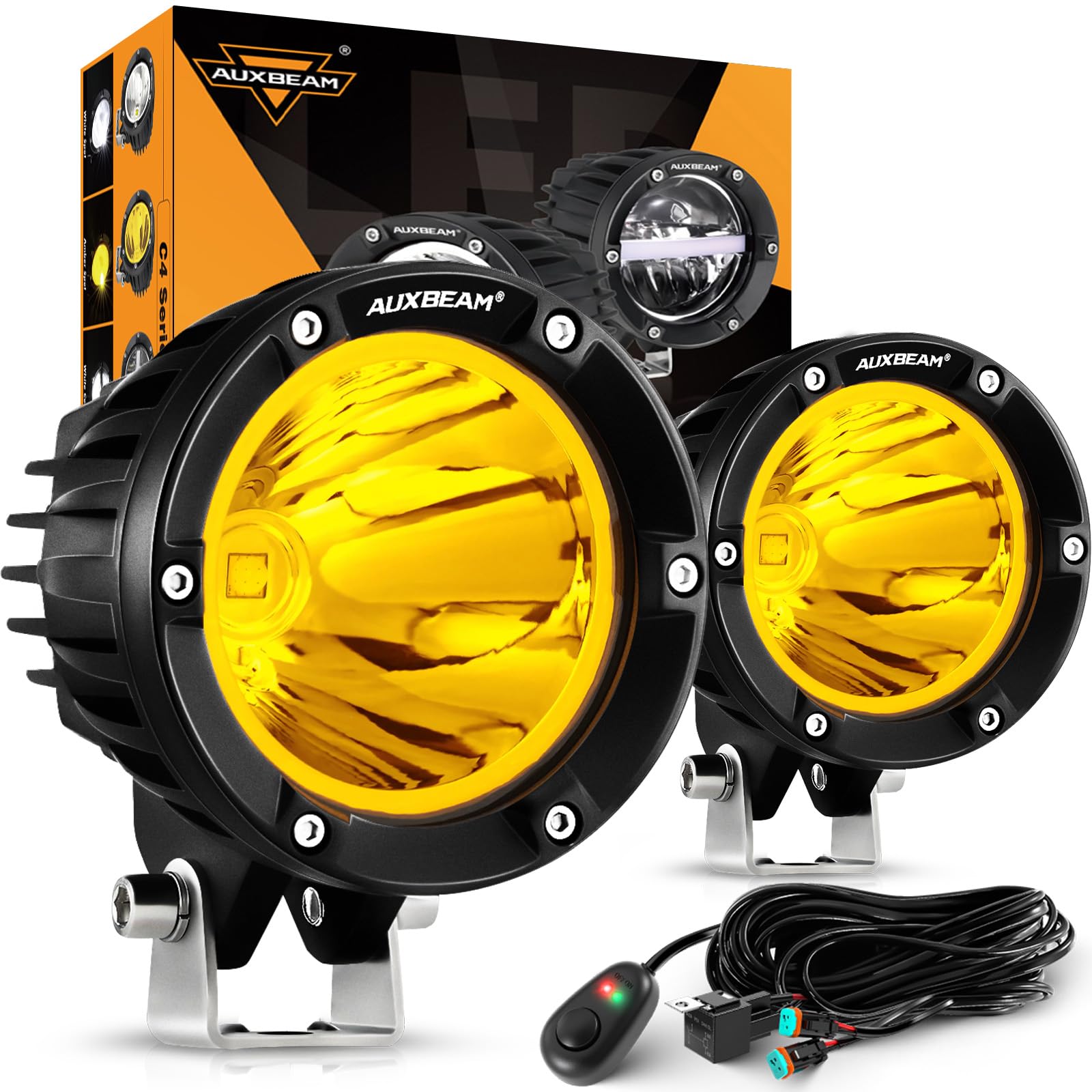 Auxbeam P4 Series Flood Beam LED Pods 4 Inch 90W Round Offroad Fog Lights Driving Flood Light Bar Bumper A-Pillar Hood Mount for Trucks ATV UTV Motorcycle Jeep