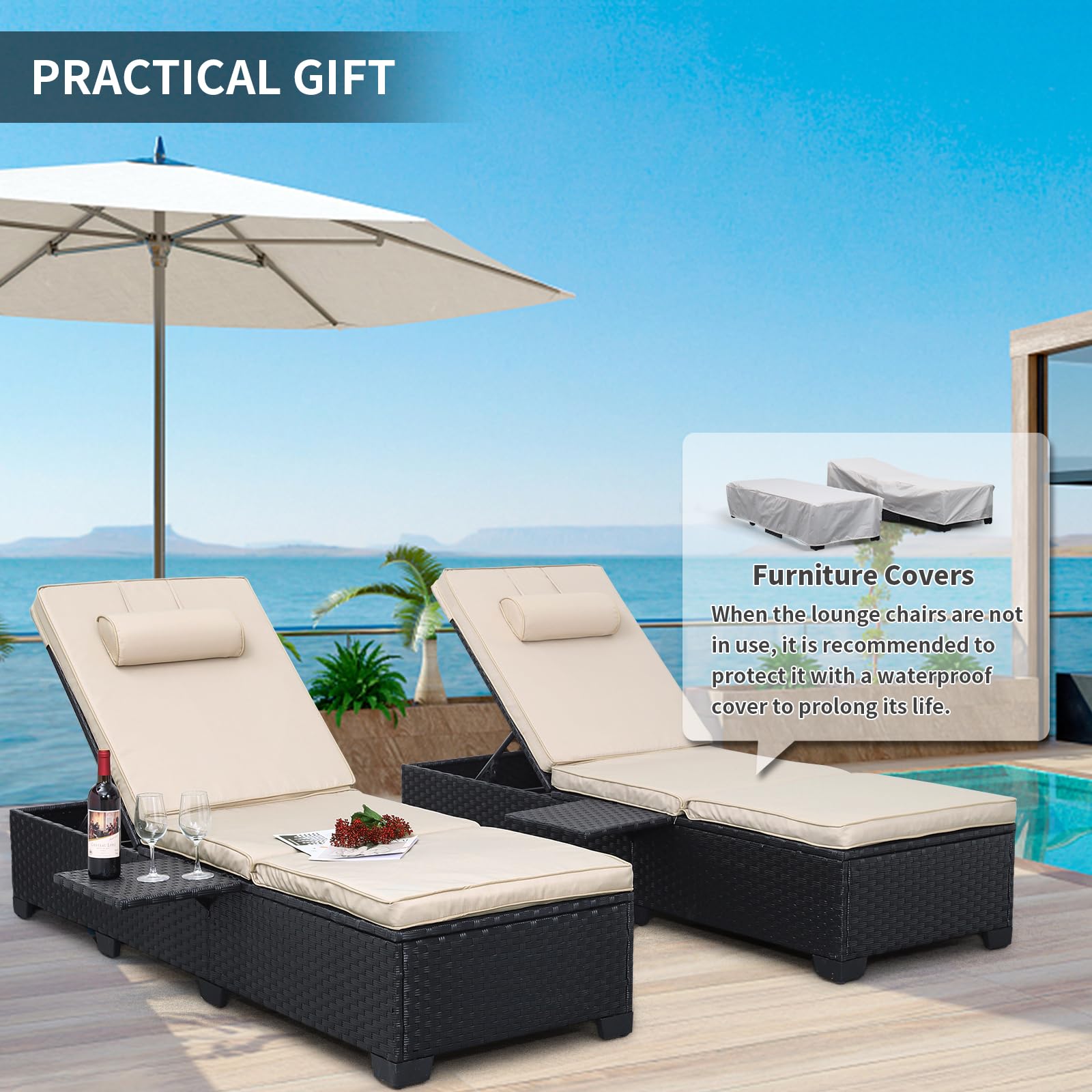 WAROOM Outdoor Chaise Lounge Chairs for Outside Patio Furniture Set of 2 Wicker Recliner Black Rattan Sunbathing Lounger Adjustable Backrest Pool Reclining Chair, Navy Blue Cushion
