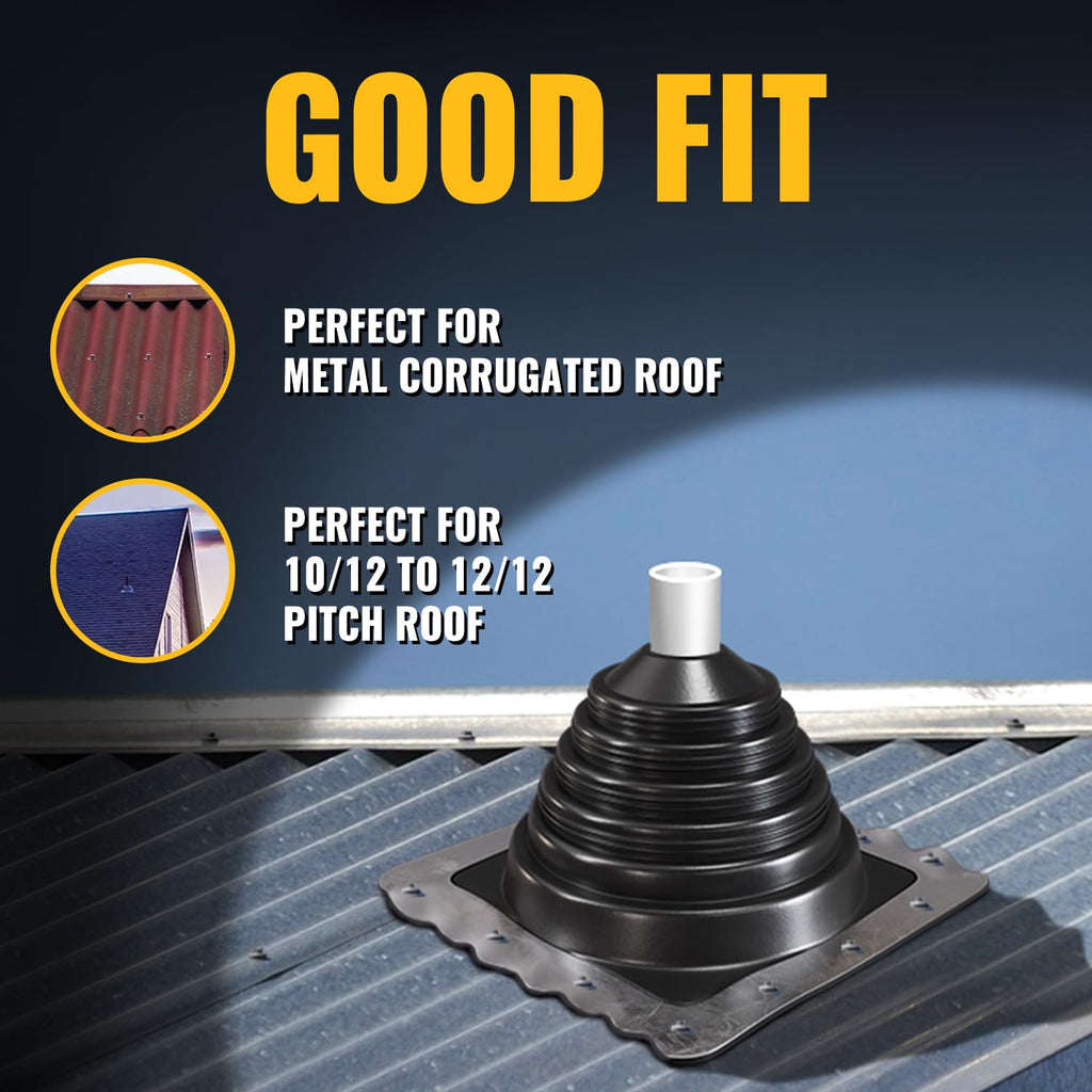 VIVIDA #1 Metal Roof Pipe Flashing, Metal Roofing Pipe Boot Kit, High Temp Silicone Vent Boot, for Tube OD 1/4" to 2", Square Base, Screws & Hex Socket Included, 1 Pack, Black