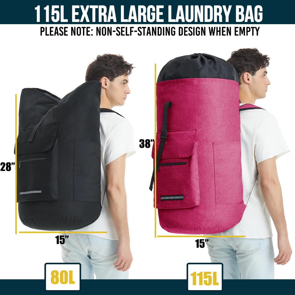 Laundry Bag Extra Large 115L, Laundry Backpack Bag, Laundry Bags Extra Large Heavy Duty, Laundry Bag with Straps, Clothes Hamper Bags with 4 Pockets, College Laundromat Backpack for Dorm Room