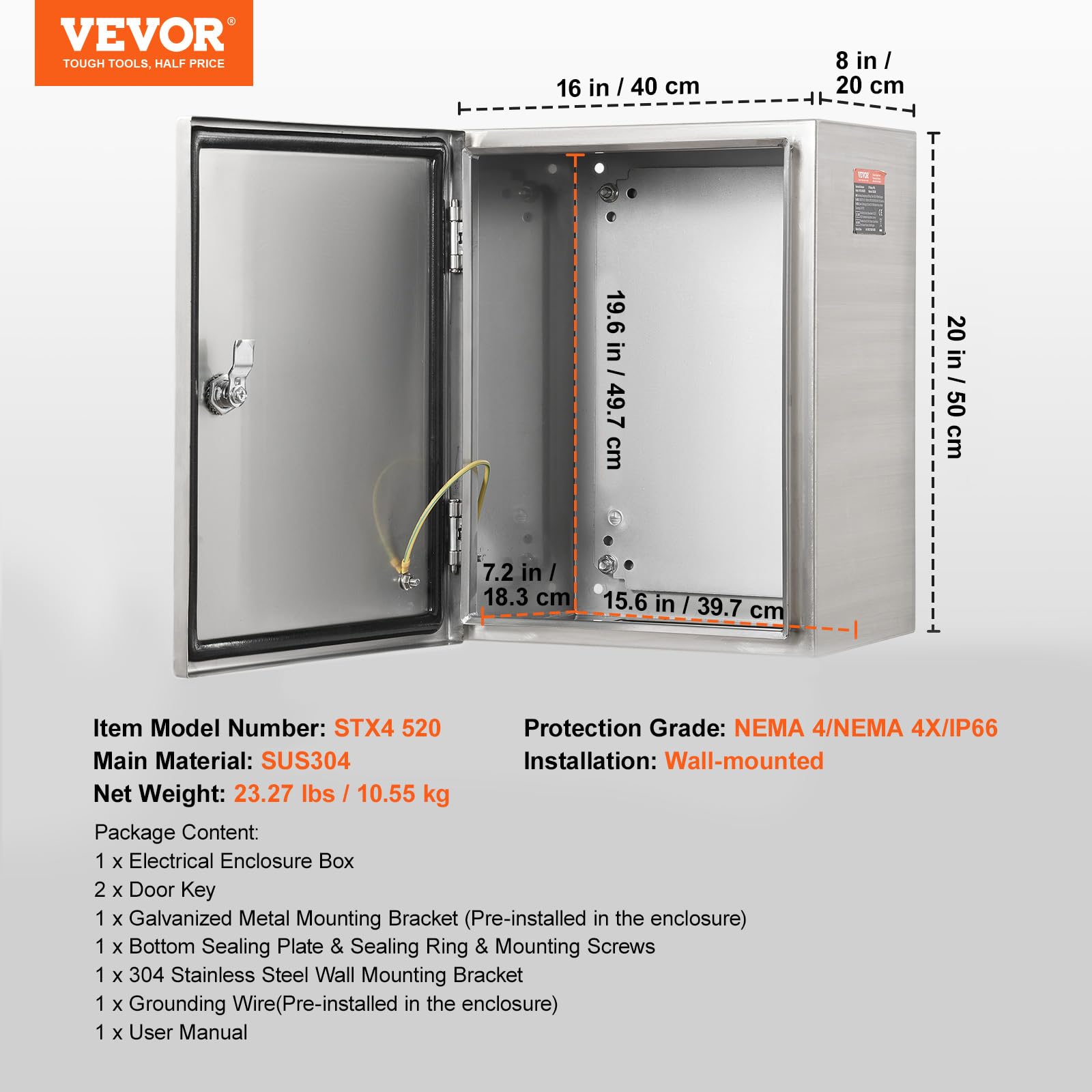 Steel Electrical Box 12" x 12" x 8" Electrical Enclosure Box 304 Stainless Steel Electronic Equipment Enclosure Box IP65 Weatherproof Wall-Mounted Metal Electrical Enclosure with Mounting Plate