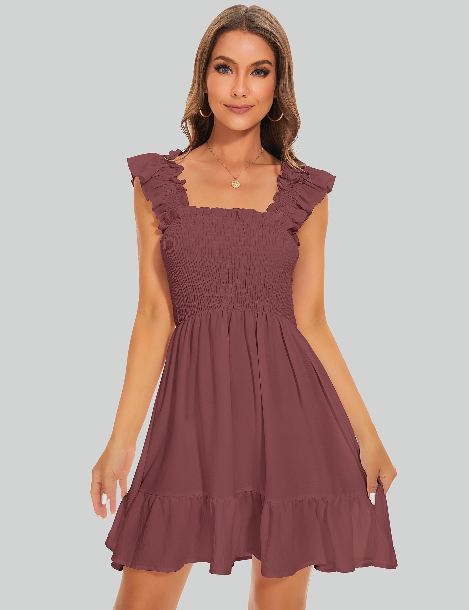 ROYLAMP Women's Smocked Dresses Square Neck Elegant Tiered Boho Ruffle Shoulder Swing Flowy Summer Casual Mini Dress