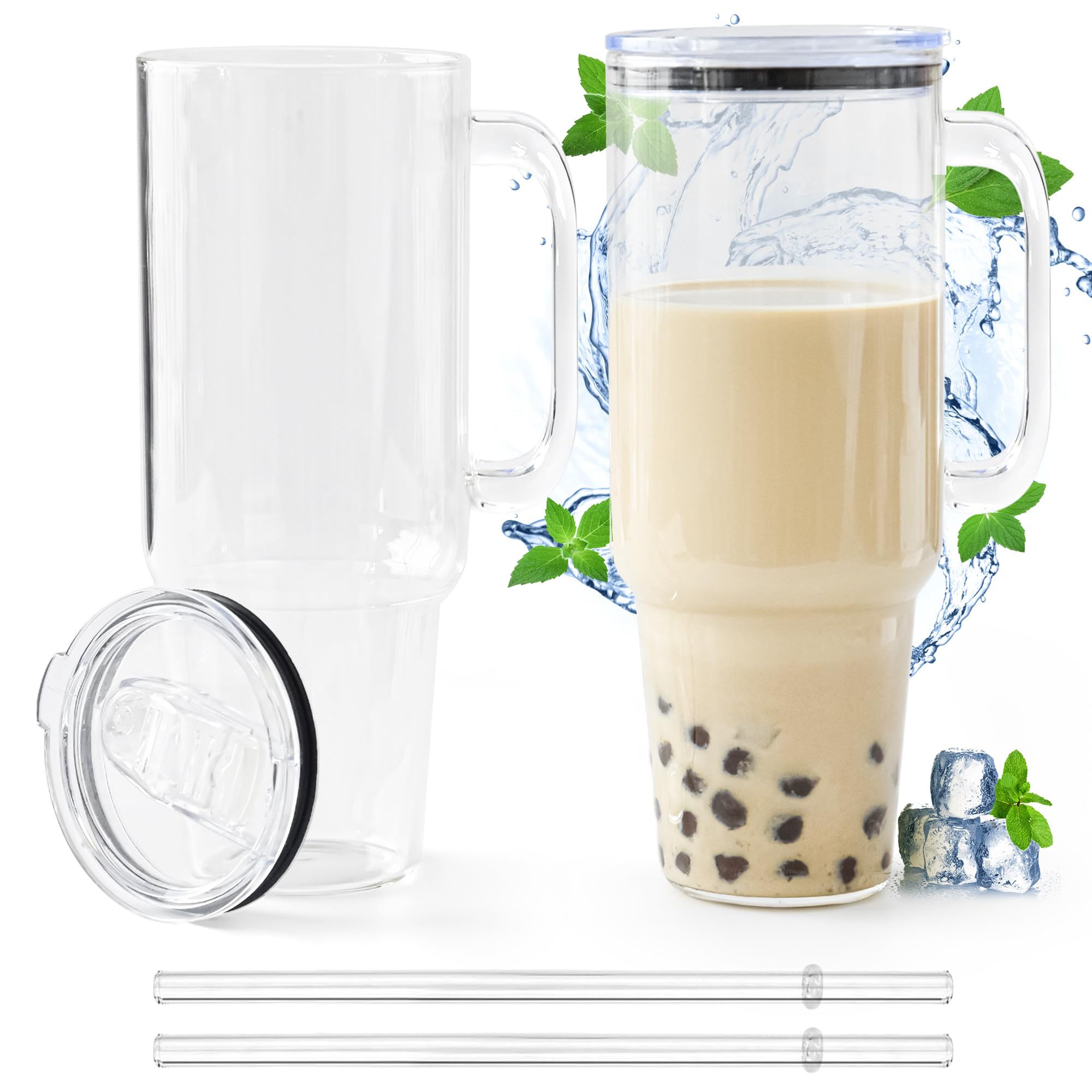 40 oz Glass Tumbler with Handle 12 Pack Glass Tumbler with Straw and Lid Clear Reusable Iced Coffee Cup, Fits Car Cup Holder, BPA Free, for Boba Tea, Juice, Smoothie, Beer(Sublimatable)