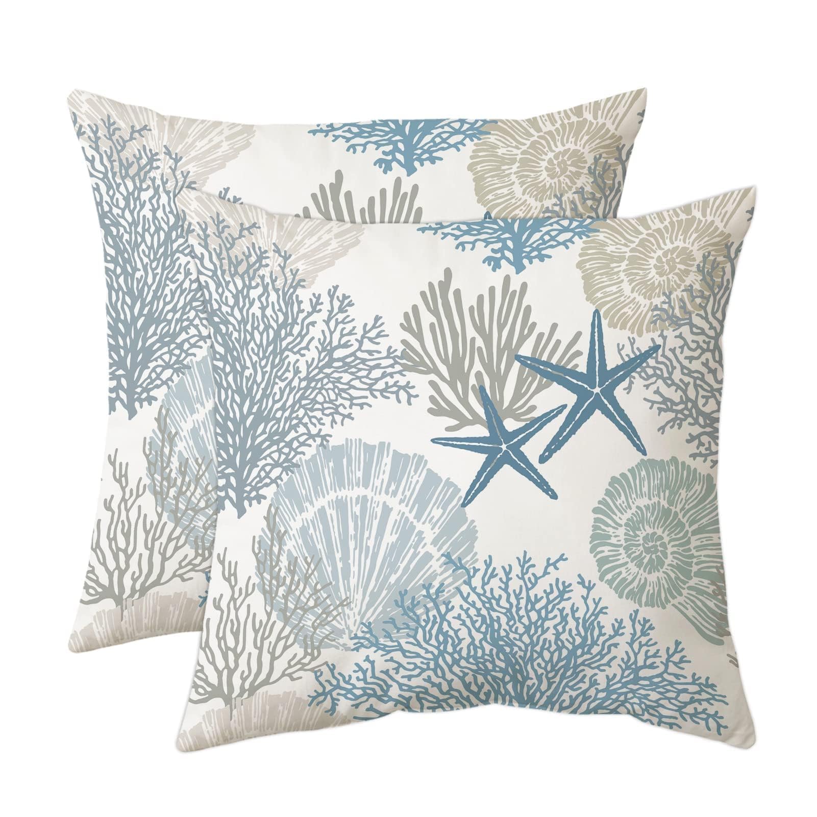 Tritard Nautical Coastal Throw Pillow Covers 16x16 Set of 2 Beach Themed Ocean Seashell Coral Starfish Velvet Couch Decorative Pillow Cases Outdoor Sofa Cushion Cover for Bedroom Living Room, Blue