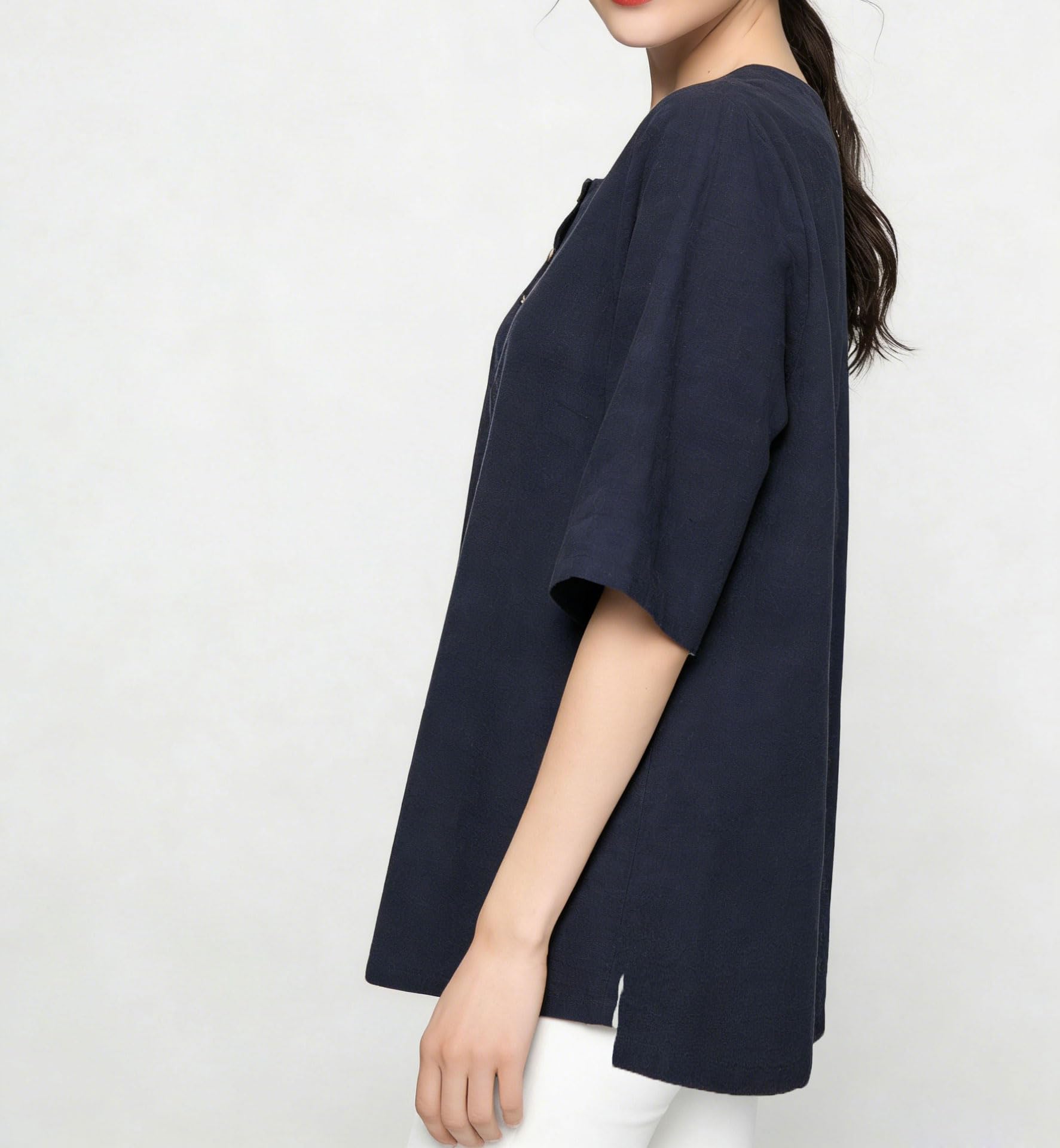 Minibee Women's 3/4 Sleeve Cotton Linen Jacquard Blouses Top T-Shirt