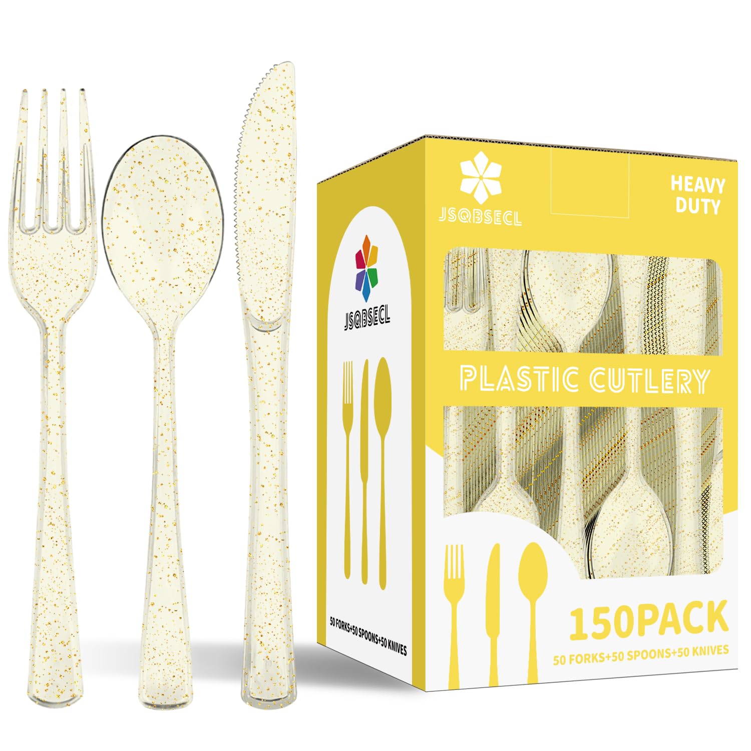 150 Pack Plastic Silverware,Disposable Cutlery Set Heavy Duty Utensil Sets 50 Forks 50 Knives 50 Spoons for Brithday, Wedding,Home School Party Picnics Restaurant Outdoor Events (Black)