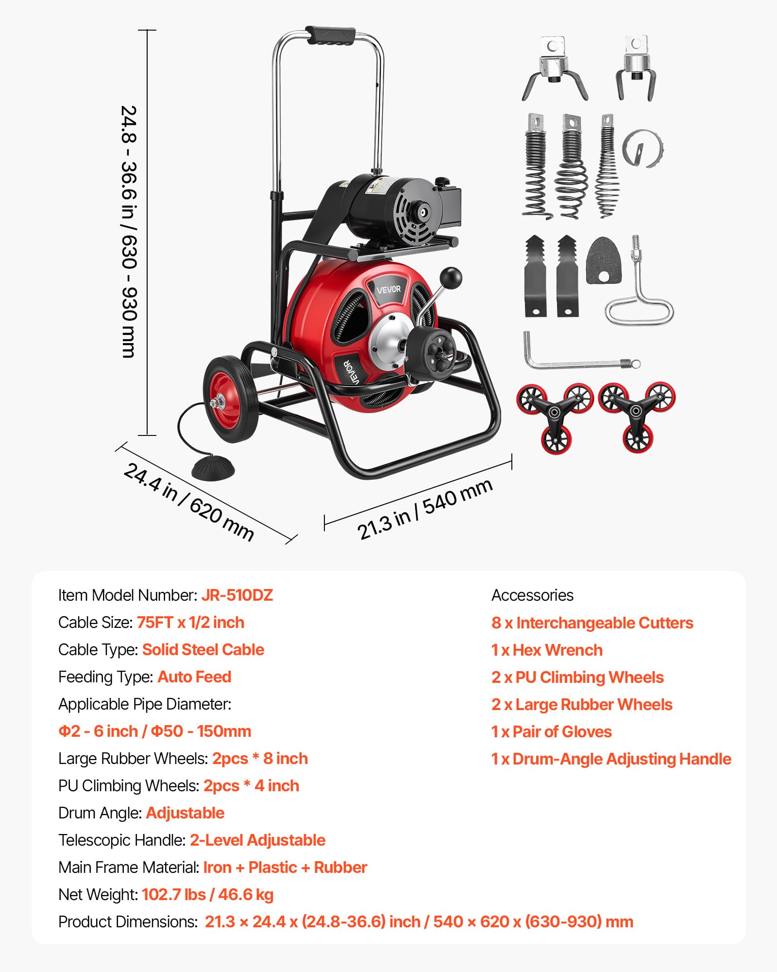 VEVOR 50FT x 1/2Inch Sewer Snake Machine, Drain Cleaning Machine on 4 Wheels, Electri Drain Auger with 4 Cutters & Foot Switch for 1''- 4'' Pipes