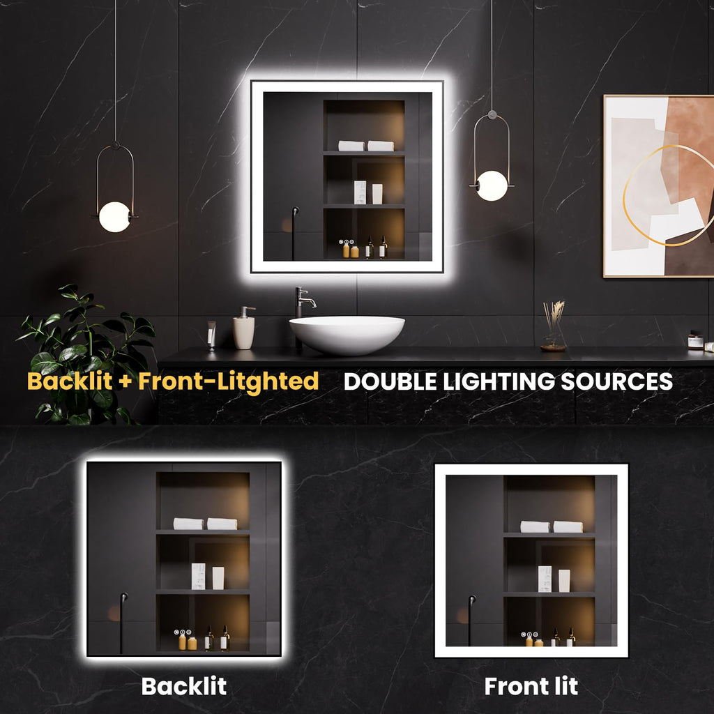 LOAAO 20"X28" LED Bathroom Mirror Black Framed | Anti-Fog, Dimmable, Memory Function, Tempered Glass, Lighted Vanity Mirror for Wall