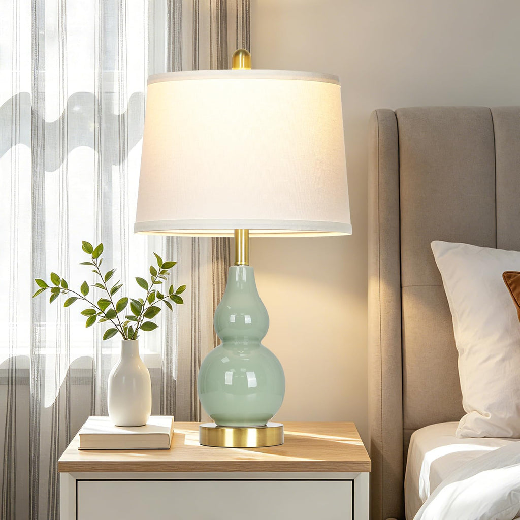 Rinweey Double Gourd Ceramic Table Lamps Set of 2, Modern Blue Bedside Lamps for Night Stand, Contemporary Nightstand Lamps for Bedroom Living Room (Bulb Included)