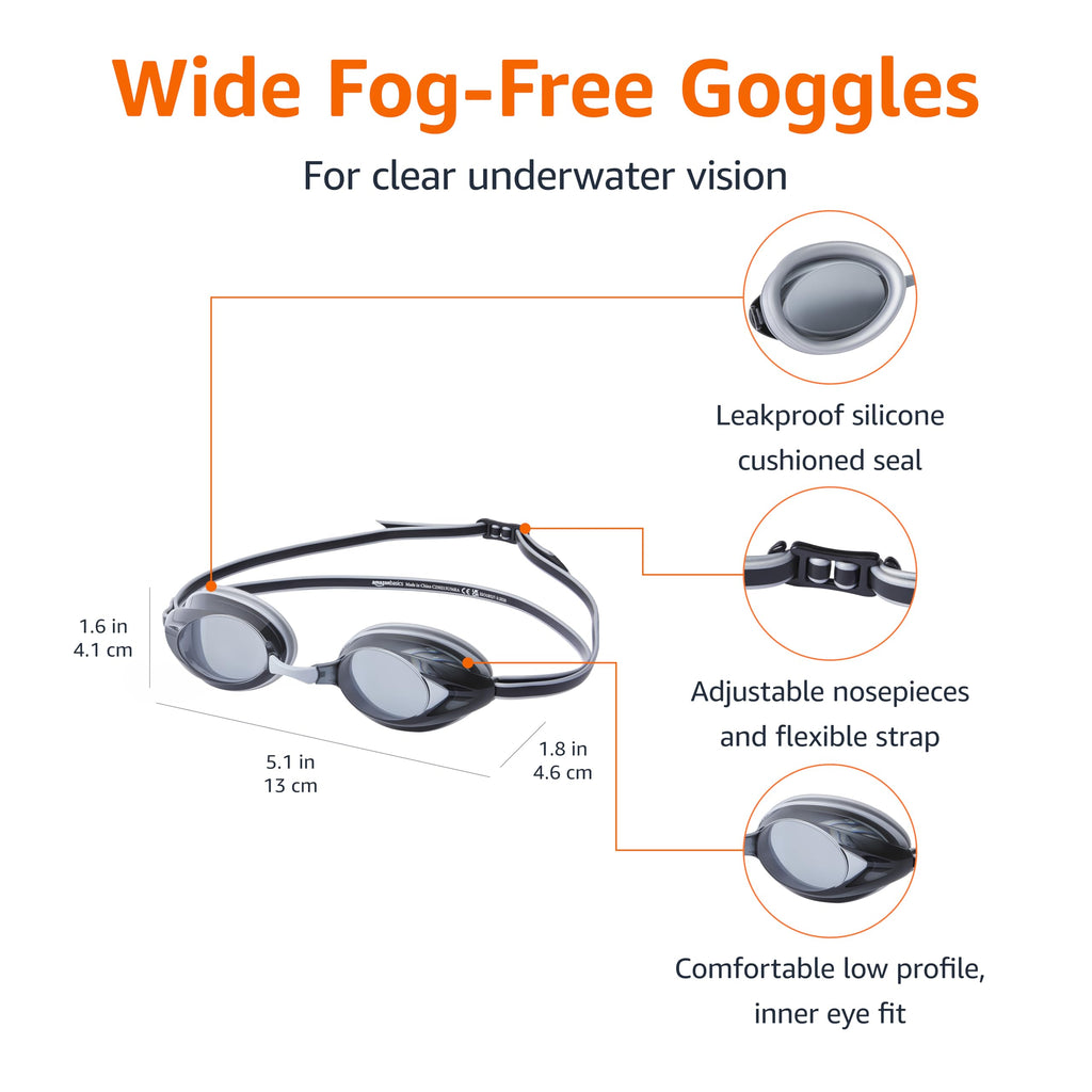 Amazon Basics Unisex Swim Goggles for Adults, Anti-Fog, Unisex, Wide View, 4 Interchangeable Nosepieces