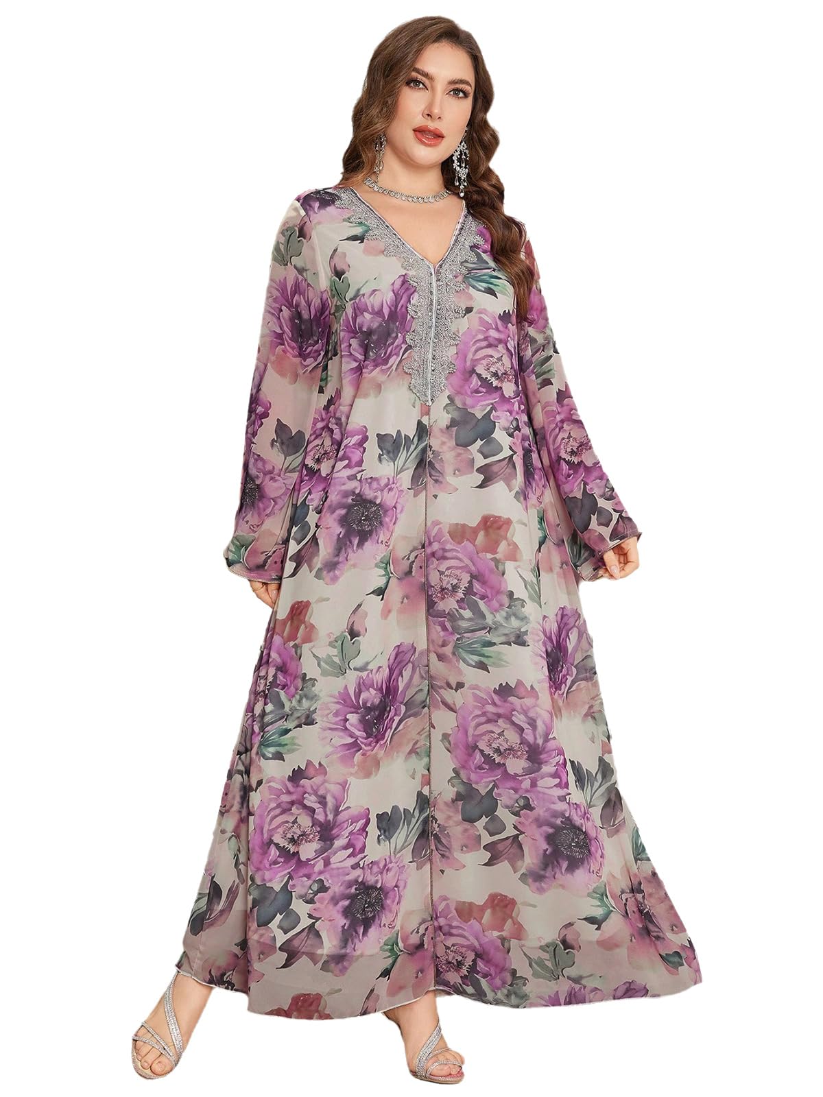 Spring Summer 2024 Plus Size Womens Dresses V Neck Casual Elegant Long Sleeve Floral Print Maxi Dress