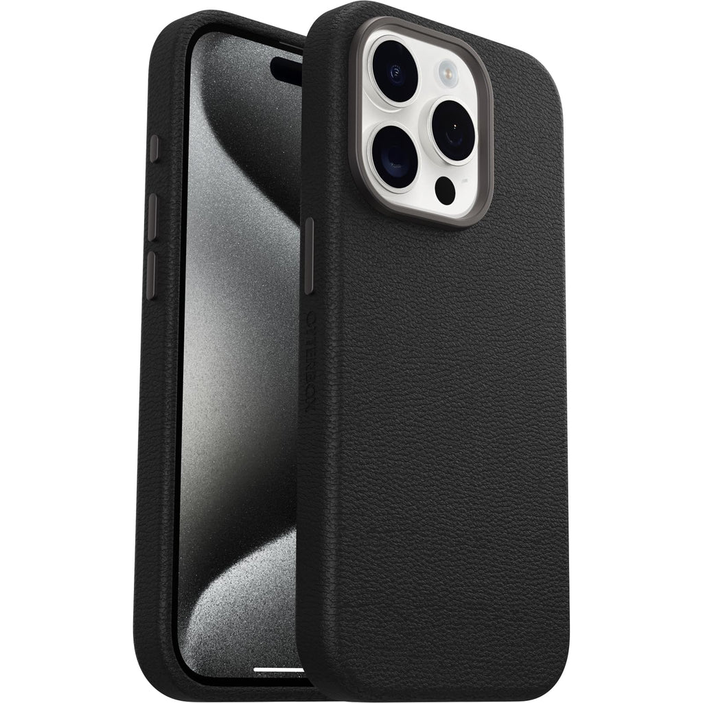 OtterBox iPhone 15 Symmetry Series Cactus Leather for MagSafe - Noir ASH (Black), Slim, Premium, Protective iPhone Case