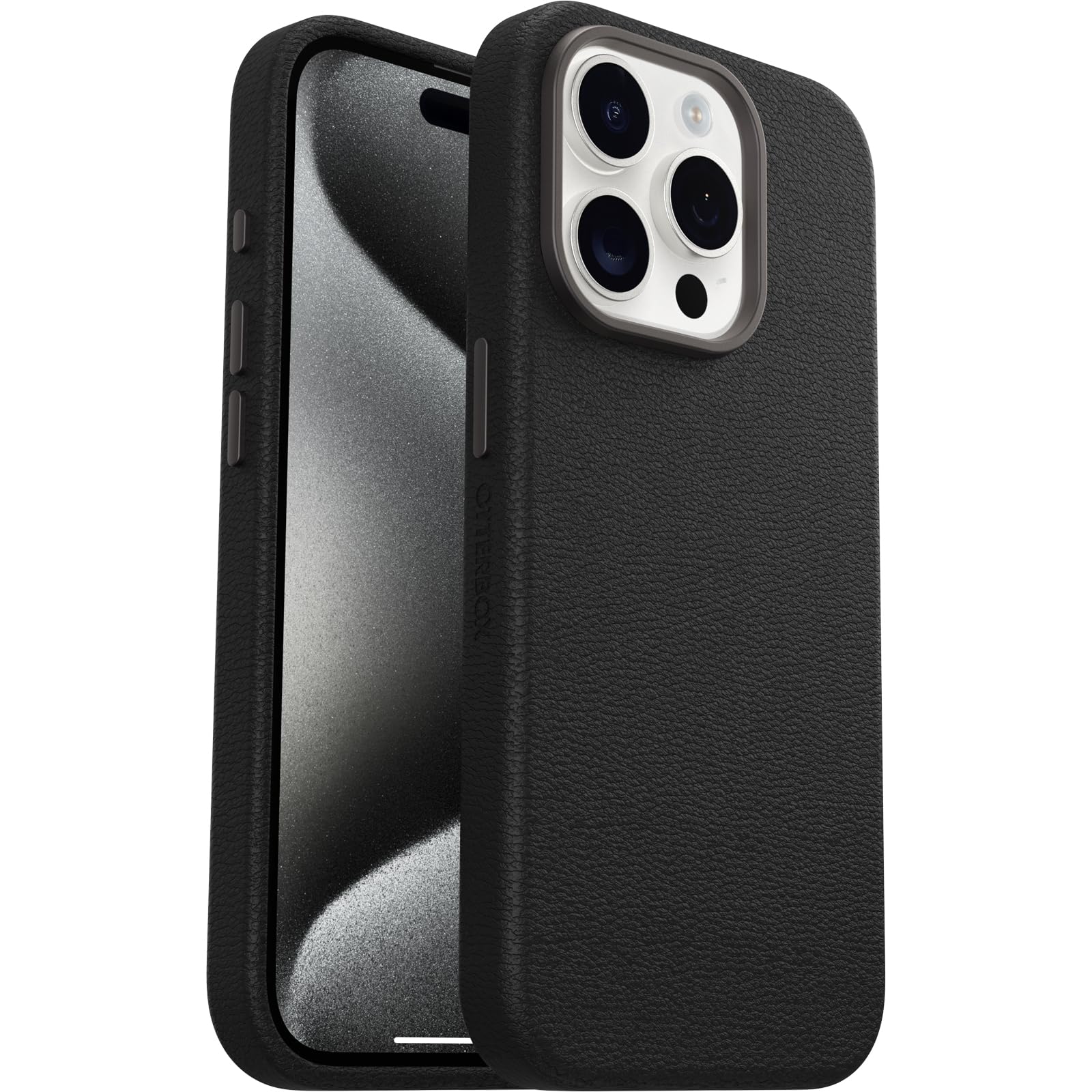 OtterBox iPhone 15 Symmetry Series Cactus Leather for MagSafe - Noir ASH (Black), Slim, Premium, Protective iPhone Case