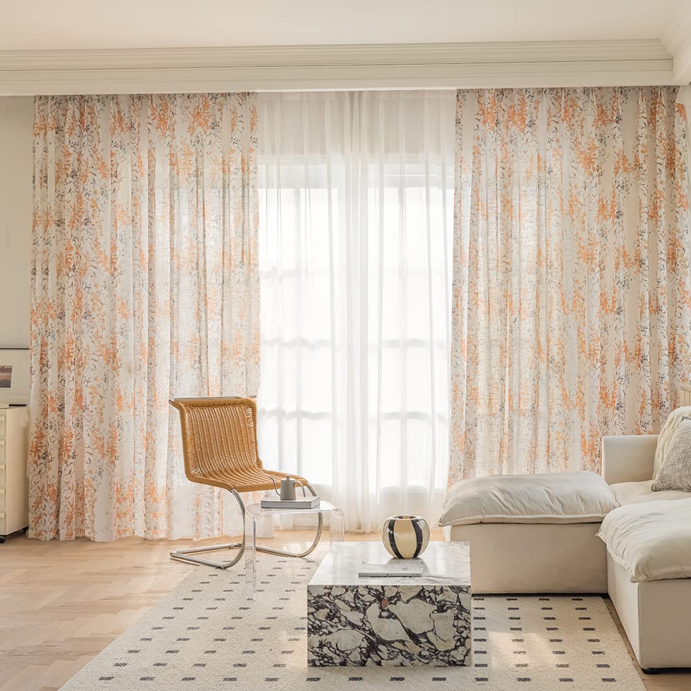 SUOUO Blue Leaf Semi Sheer White Curtains for Bedroom Dining Living Room Linen Textured 84 inches Long Rod Pocket Boho Window Drapes 2 Panels
