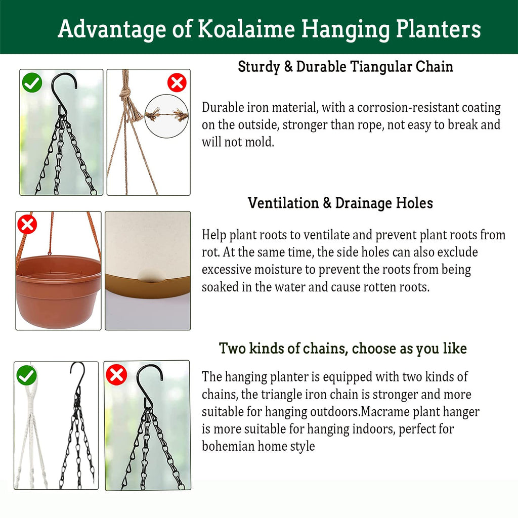 Koalaime Hanging Planter Self Watering 10 Inch, 2 Pack Indoor Outdoor Hanging Baskets, Hanging Flower Pots with Drainage Hole & 2 Kinds of Plant Hangers for Garden Home Decor(Green)…