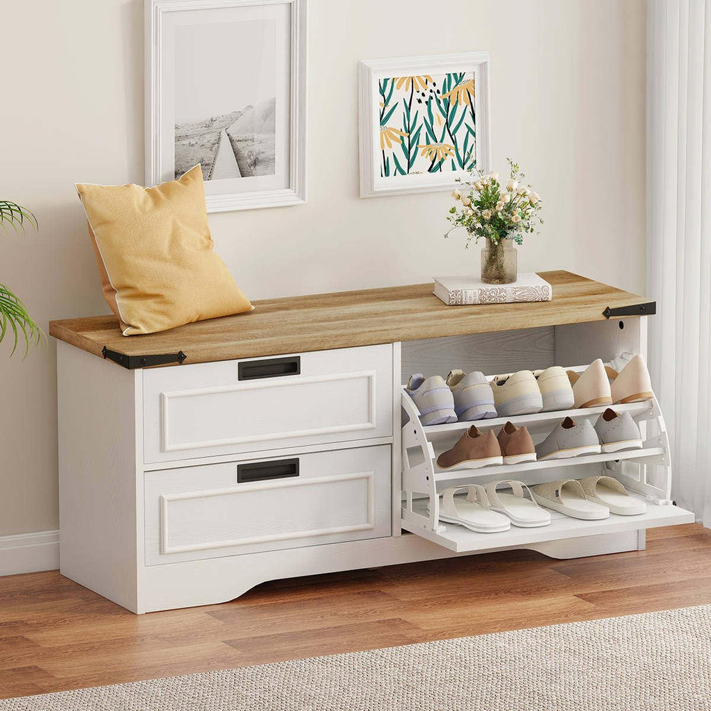 FATORRI Entryway Bench with Storage, 41 Inch Shoe Storage Bench, Industrial Wood Shoe Bench for Entry Way, Living Room, Bedroom and Mudroom (Black)