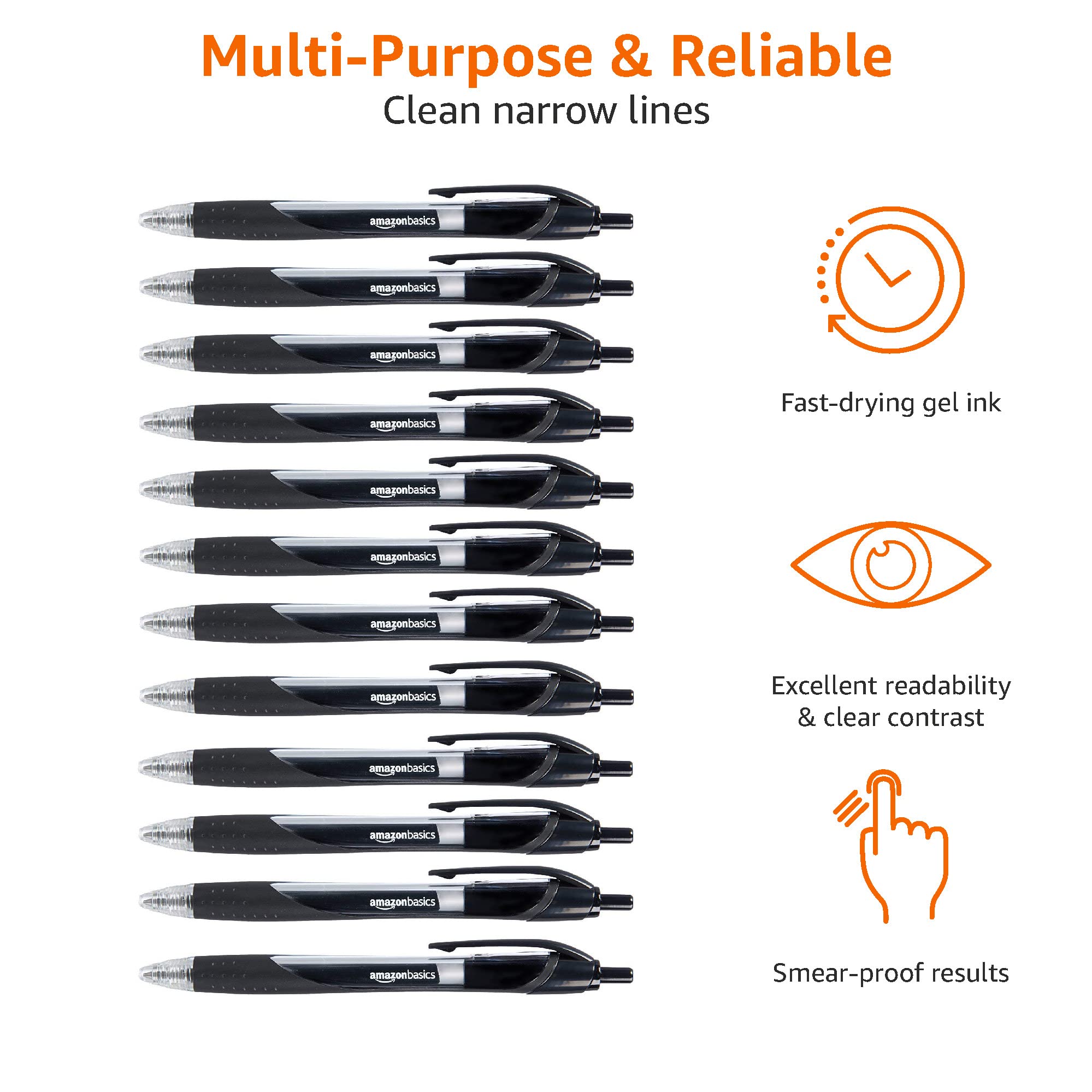 Amazon Basics Retractable Gel Ink Pens for Note-Taking and Office Writing, Fine Point 0.7mm, Smooth Writing, Black, 12-Pack