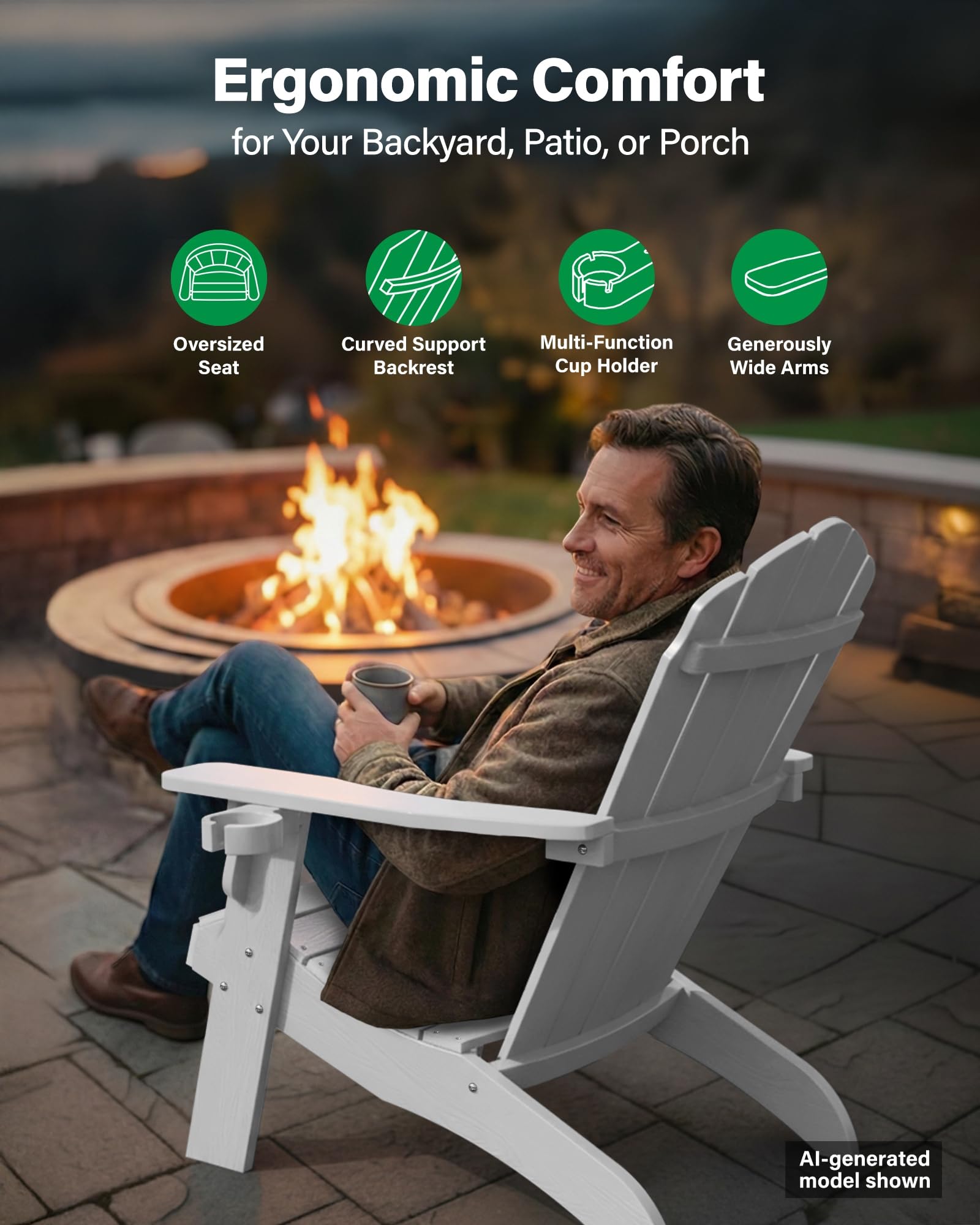 YEFU Oversized Plastic Adirondack Chair Set of 2 with Cup-Holder (Large Dual-Purpose), Weather Resistant, Poly Lumber Outdoor Chairs Duty Rating Widely Used in Patio, Lawn, Outside, Deck Chairs-Black