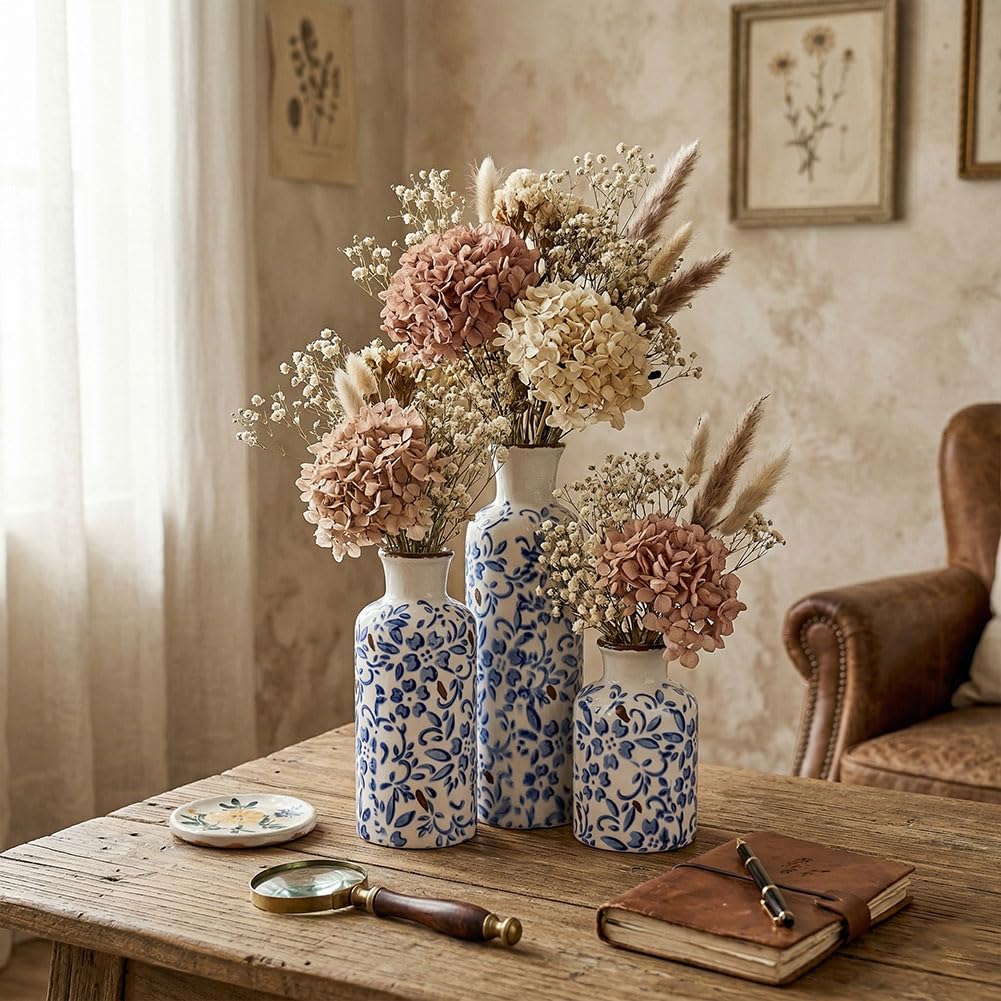 Ceramic Vase Set - 3 Ceramic Small Vases, Farmhouse Country Flower Vase Home Decor, Living Room Decoration, Table Decoration, Fireplace Decor, and Entrance Decorations Centerpieces